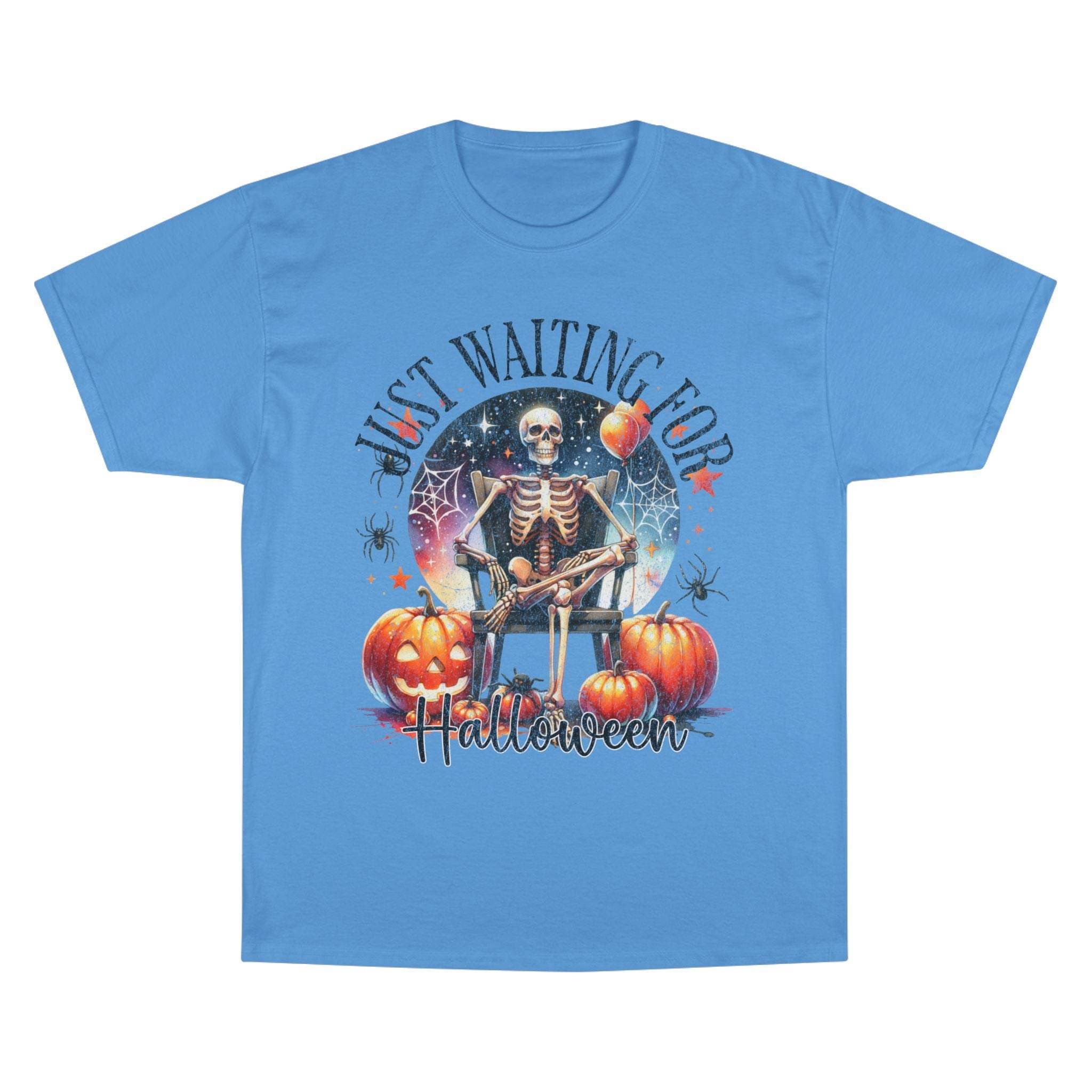 Printify blue eco-friendly Halloween t-shirt featuring skeleton with pumpkins and spider web design
