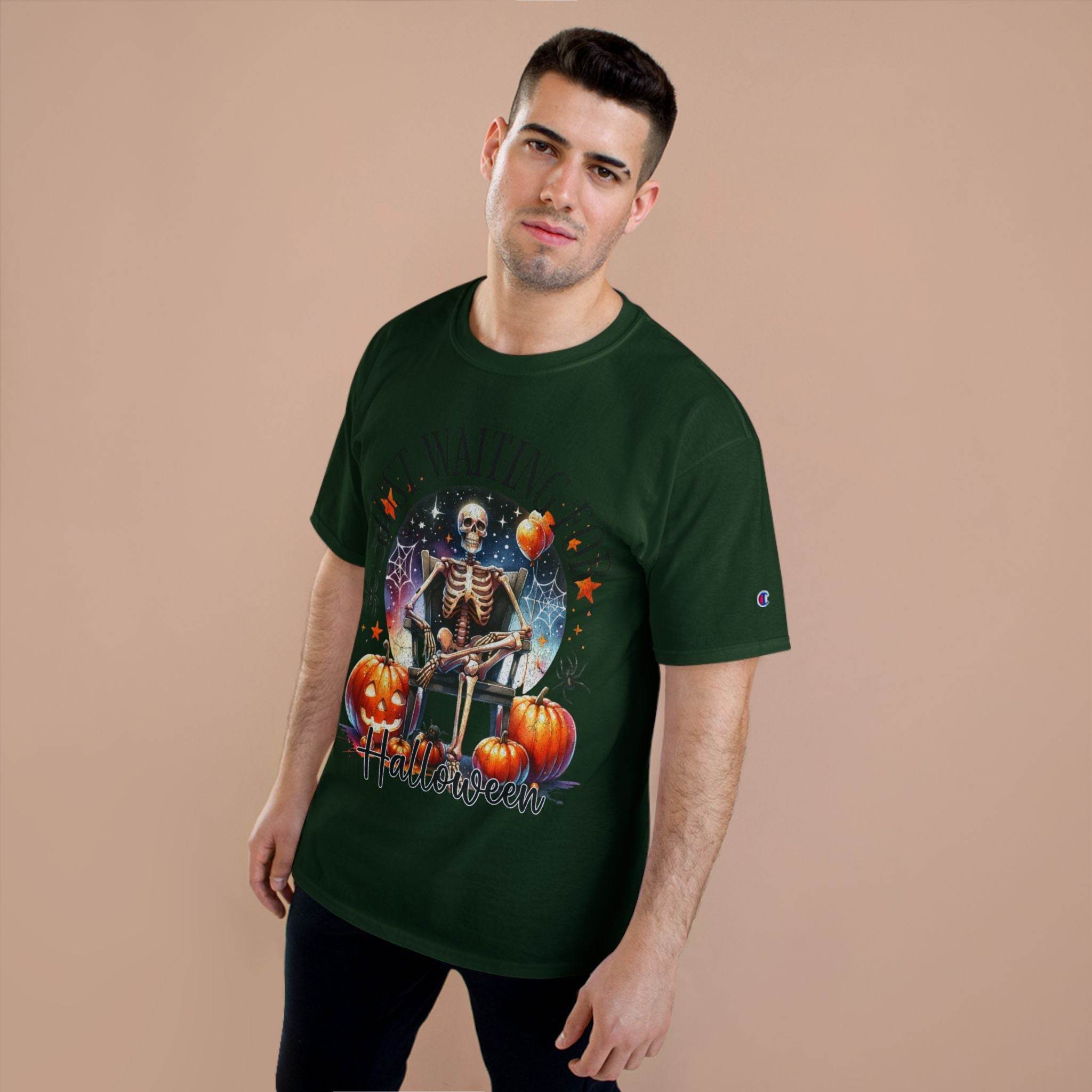 Man wearing eco-friendly Halloween t-shirt with skeleton and pumpkin design by Printify