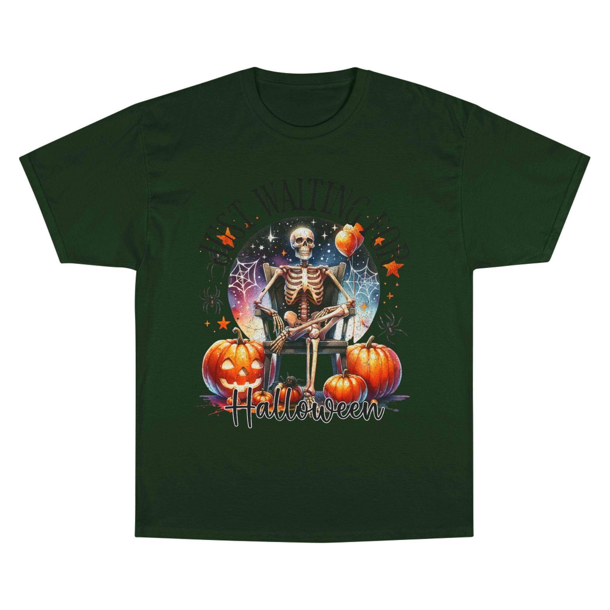 Printify eco-friendly Halloween t-shirt with skeleton, pumpkins, and spider webs on dark green fabric
