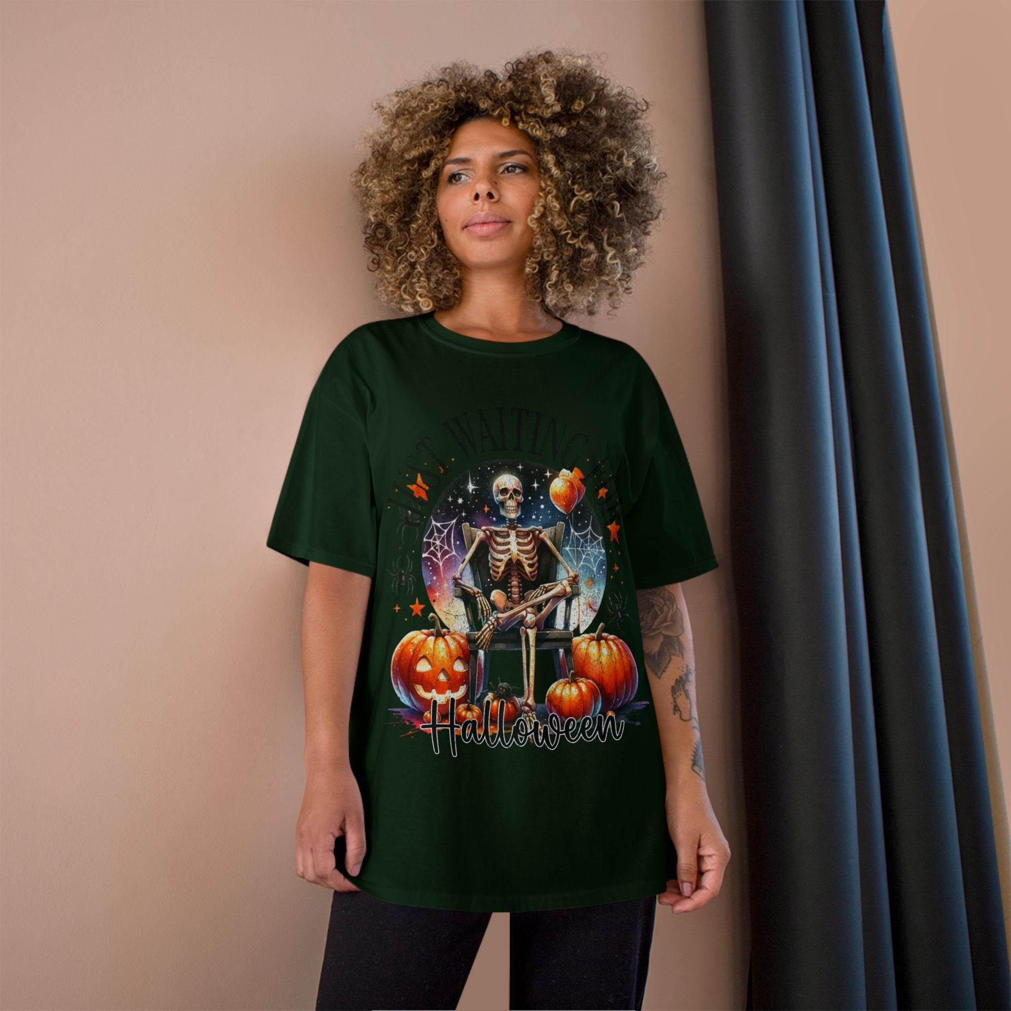 Printify eco-friendly Halloween t-shirt featuring a skeleton with pumpkins on a dark green background