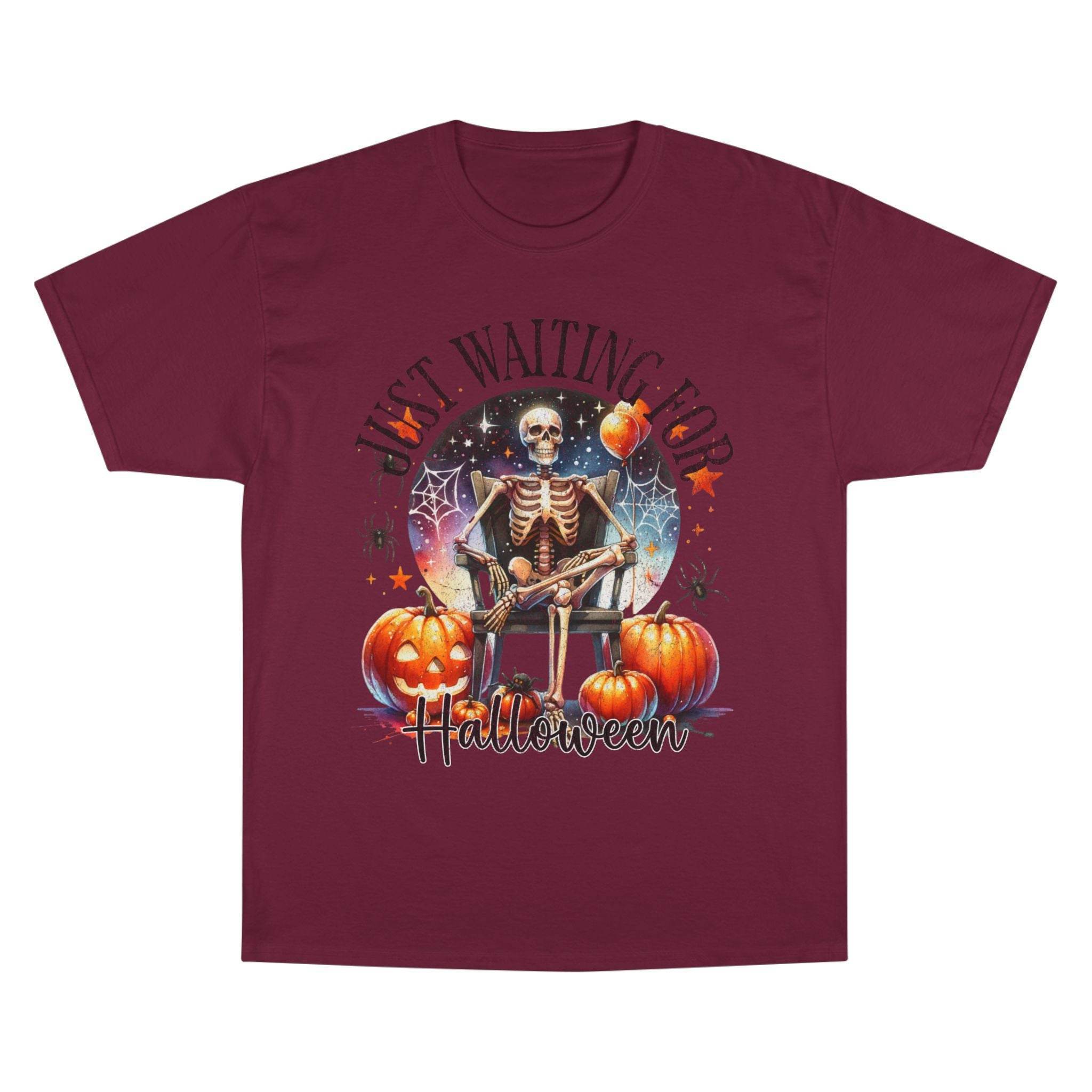 Printify eco-friendly Halloween t-shirt with skeleton sitting among pumpkins and stars design
