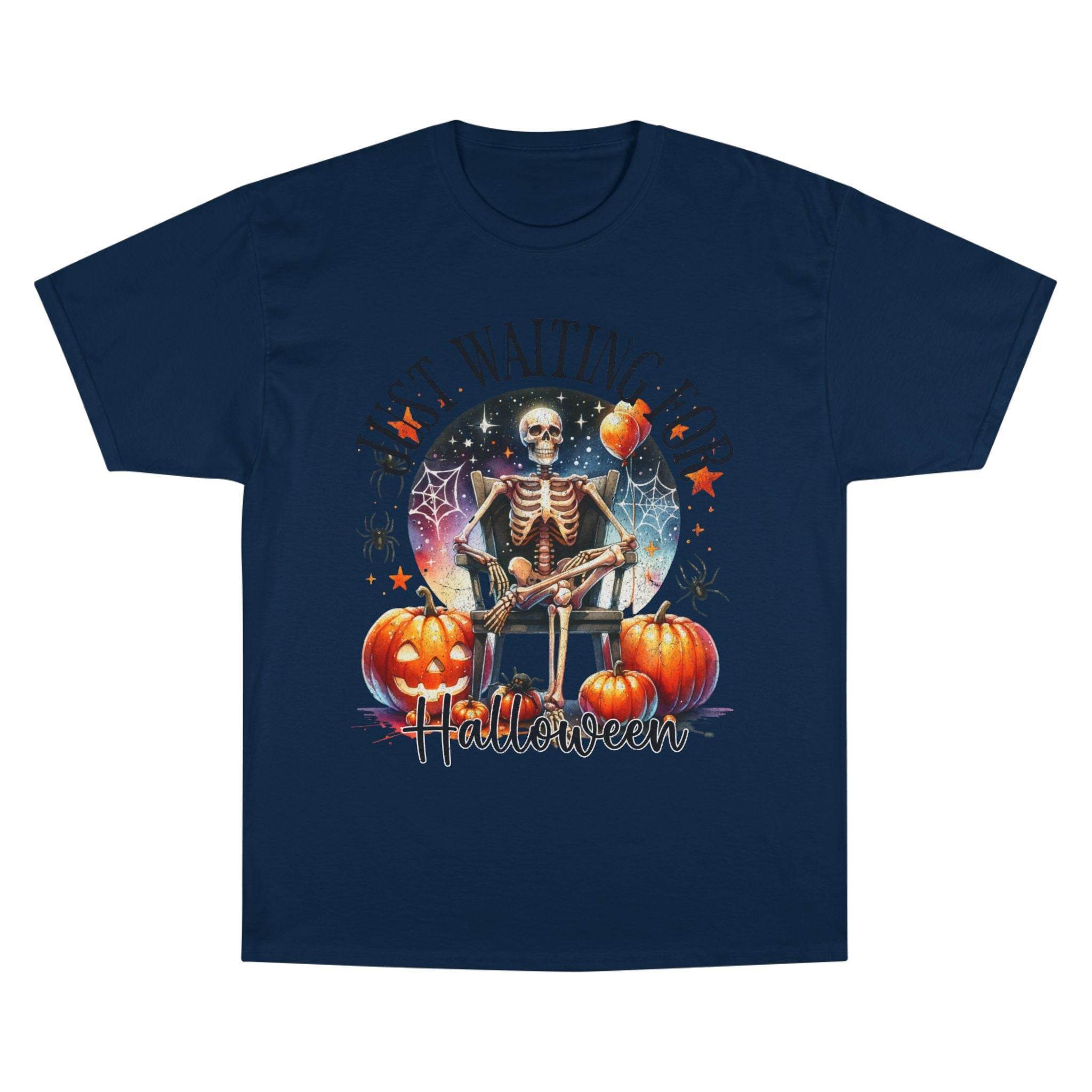 Printify navy eco-friendly Halloween t-shirt with skeleton and pumpkin design