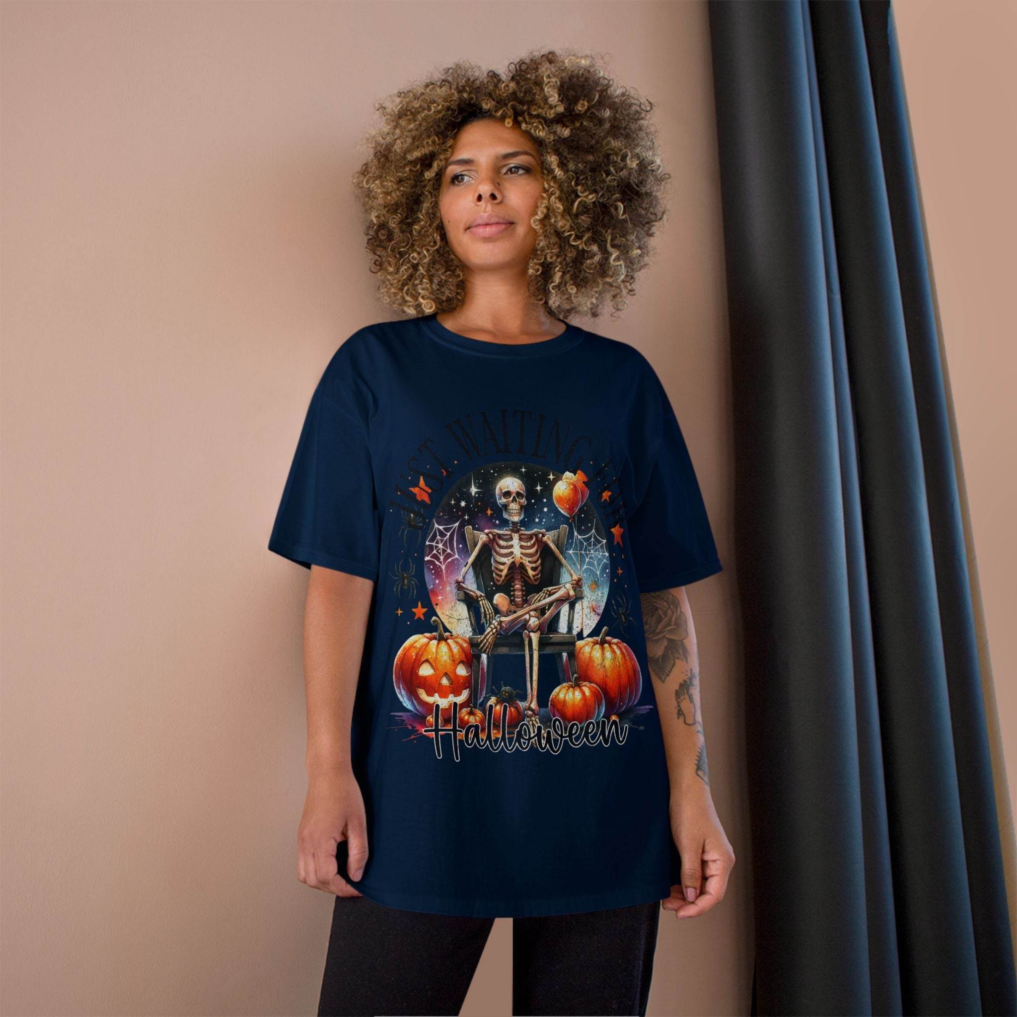 Printify eco-friendly Halloween t-shirt featuring skeleton and pumpkin graphic in navy blue