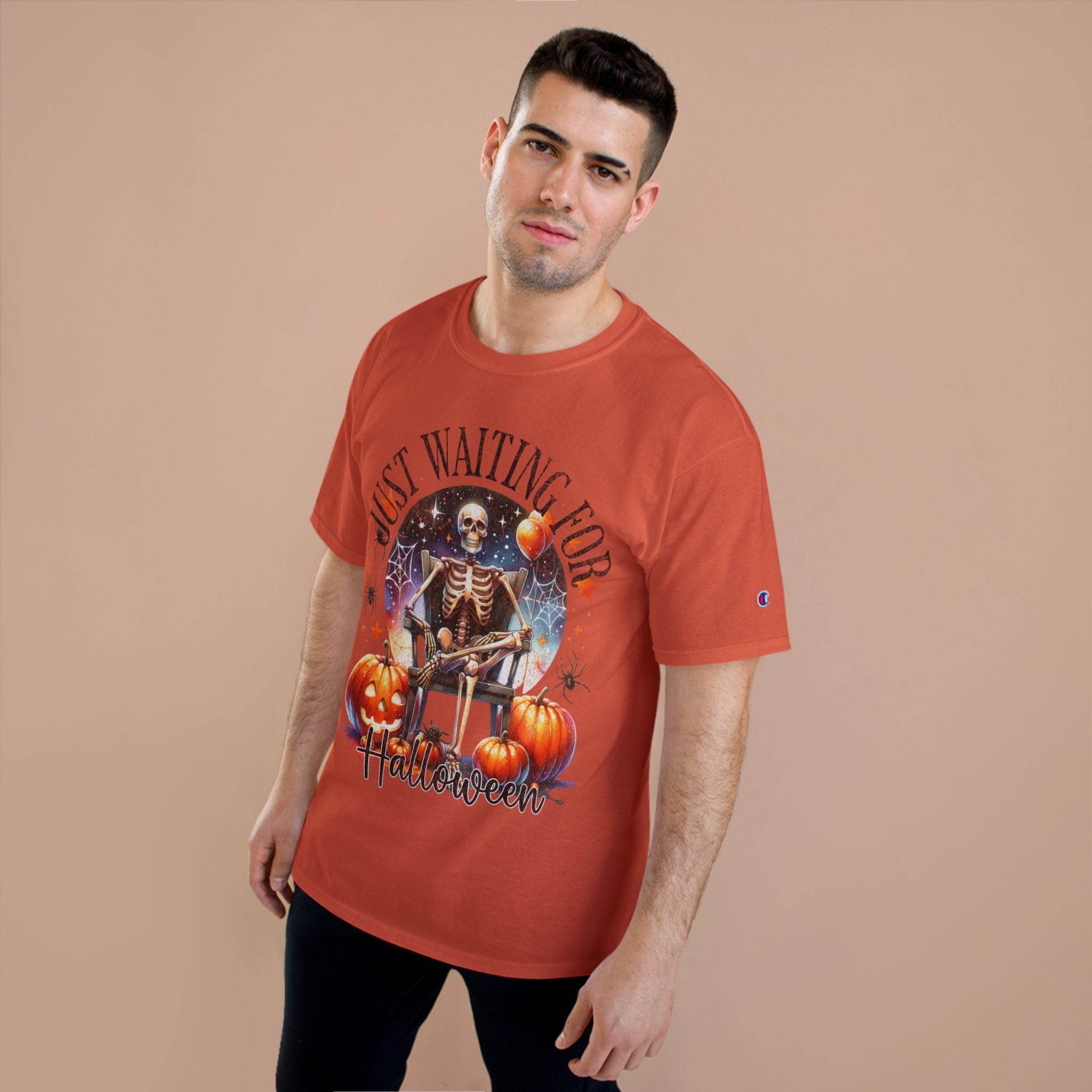 Printify eco-friendly Halloween t-shirt with skeleton and pumpkins design in rust orange color