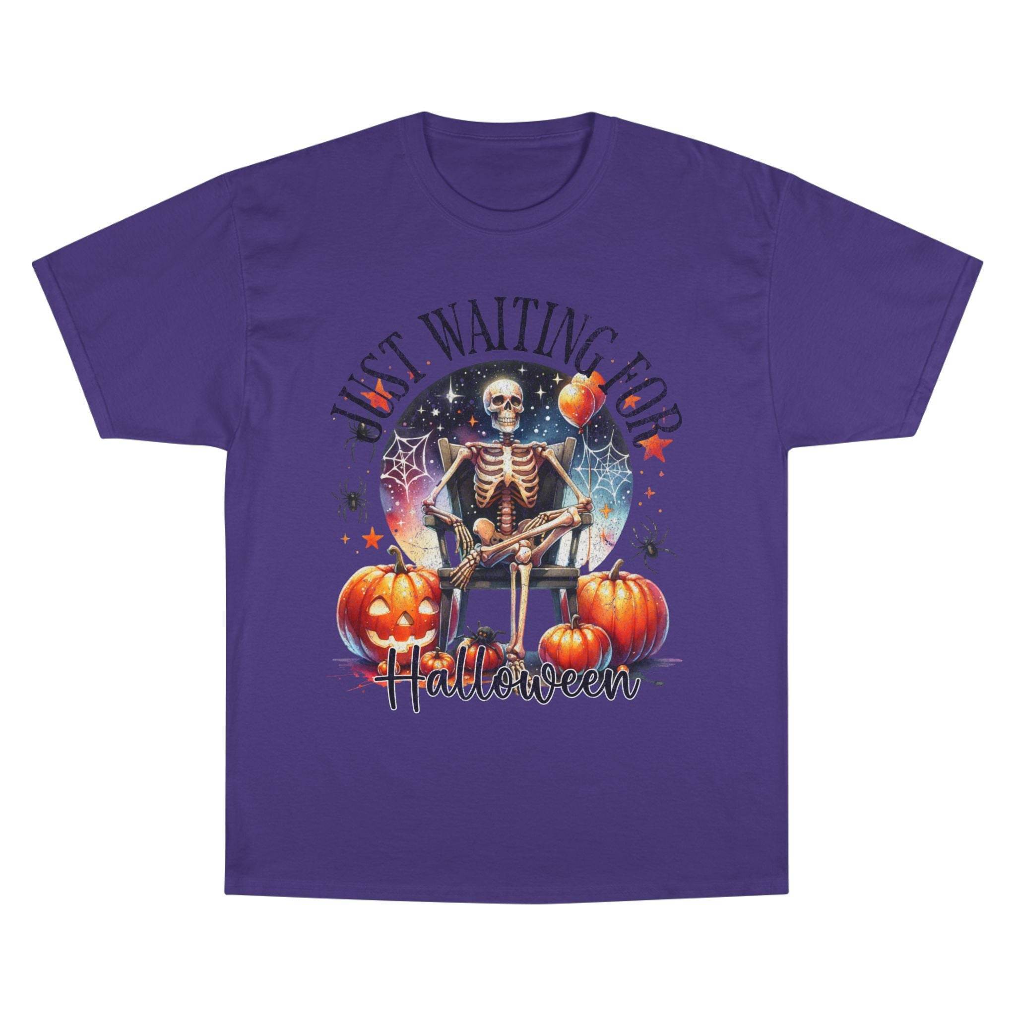 Purple Printify eco-friendly Halloween t-shirt with skeleton and pumpkin design