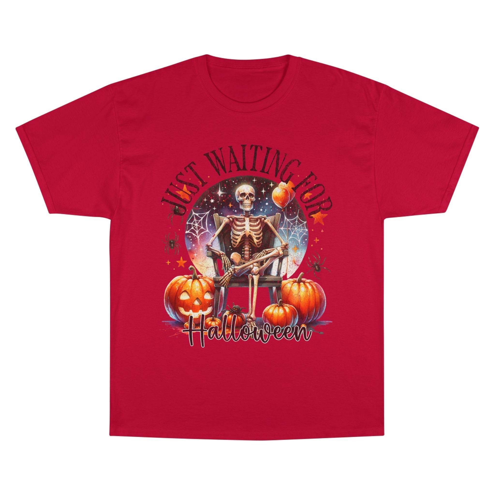 Printify red eco-friendly Halloween t-shirt featuring a skeleton with pumpkins and Halloween text design