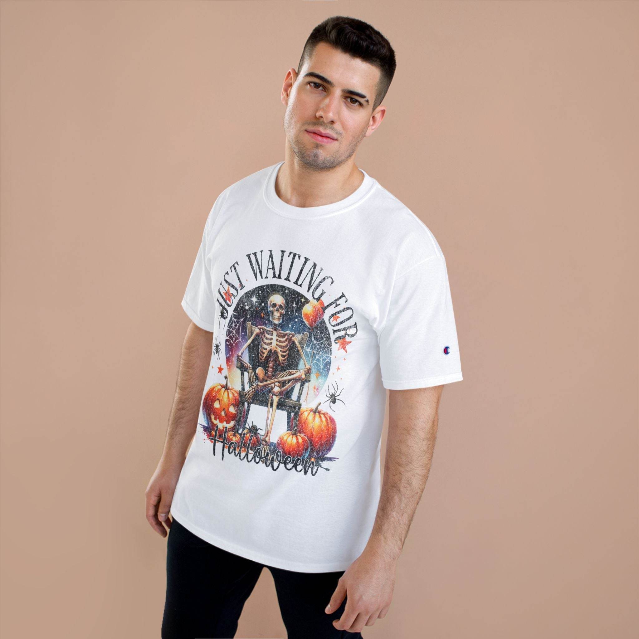Printify eco-friendly Halloween t-shirt with skeleton and pumpkin design on white fabric