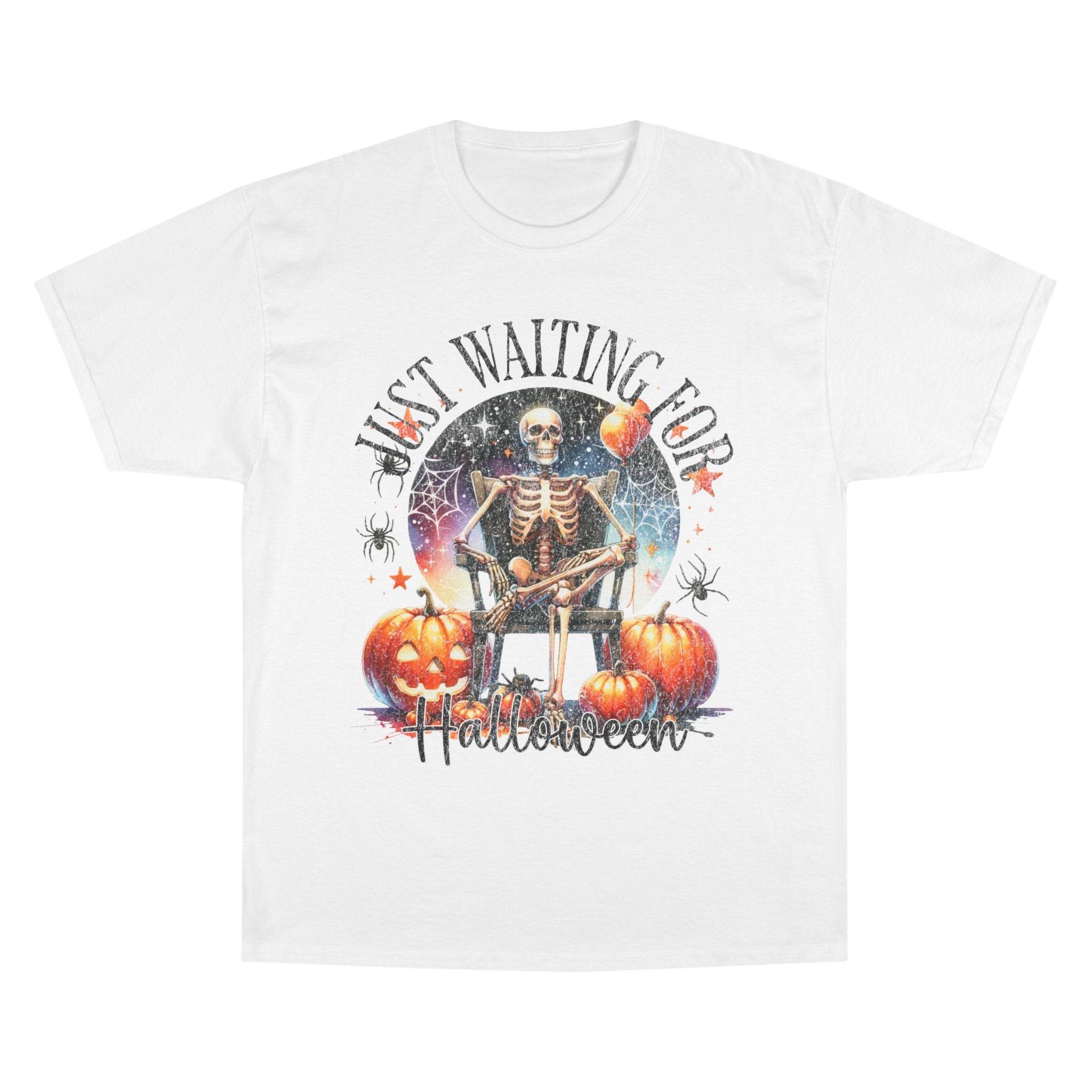 Printify eco-friendly Halloween t-shirt with skeleton and pumpkins graphic design