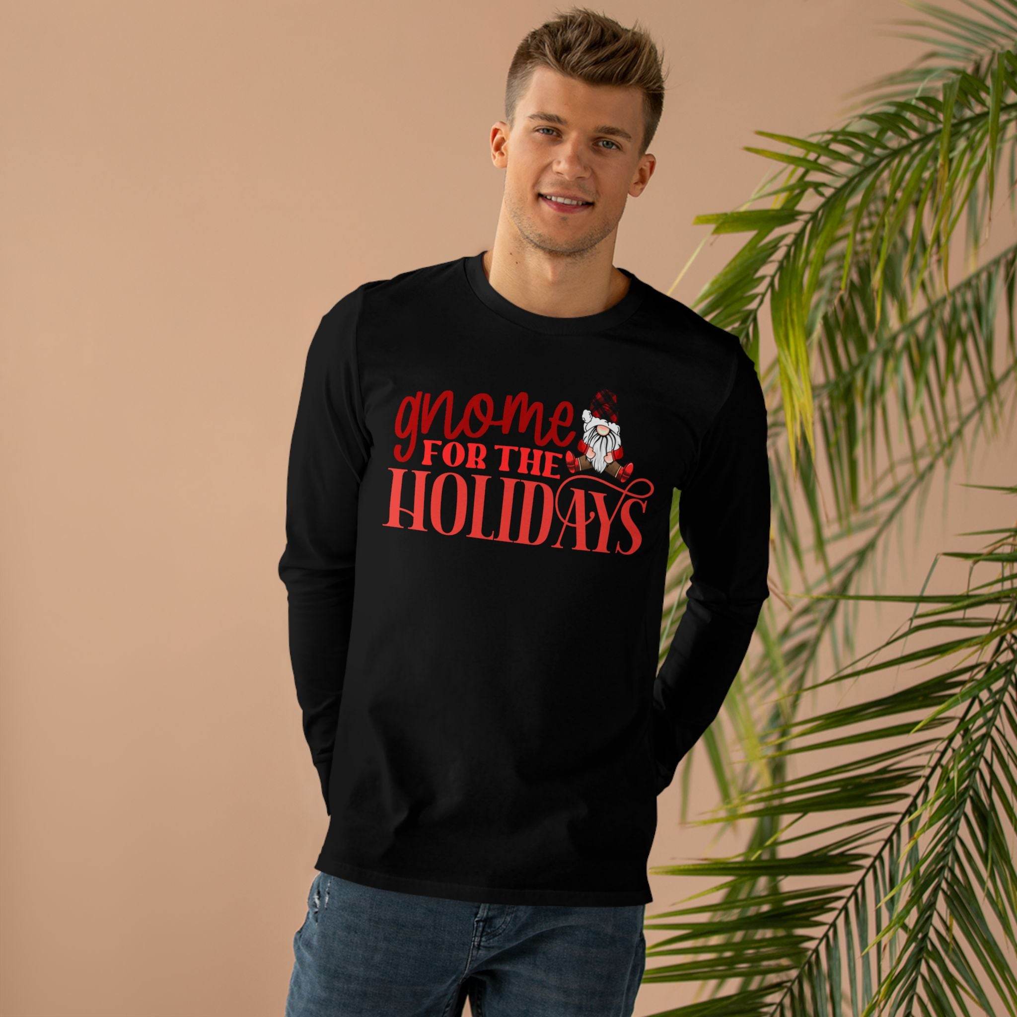 Printify eco-friendly holiday shirt for men long sleeve black gnome holiday design