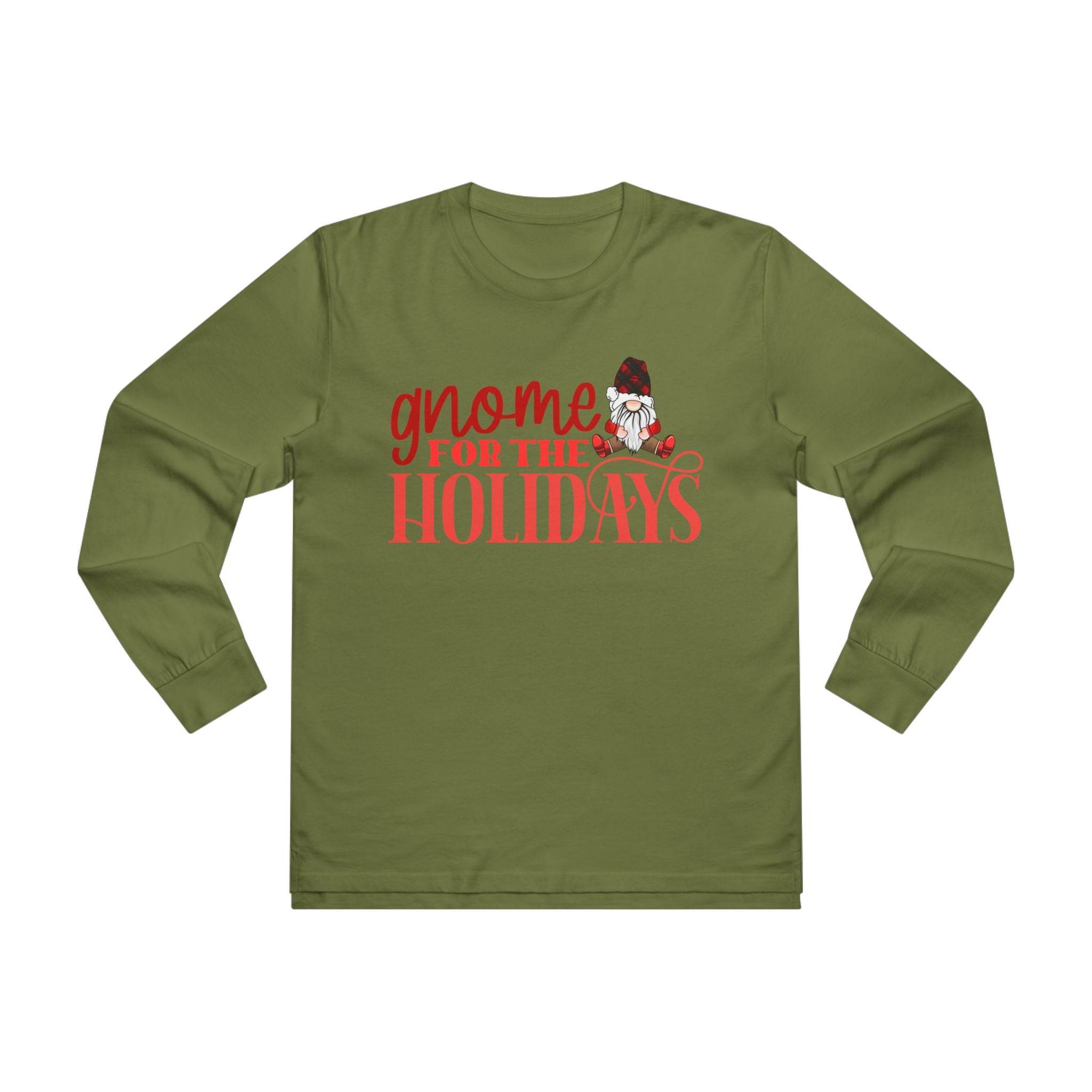 Printify olive green long sleeves eco-friendly holiday shirt for men with gnome for the holidays design