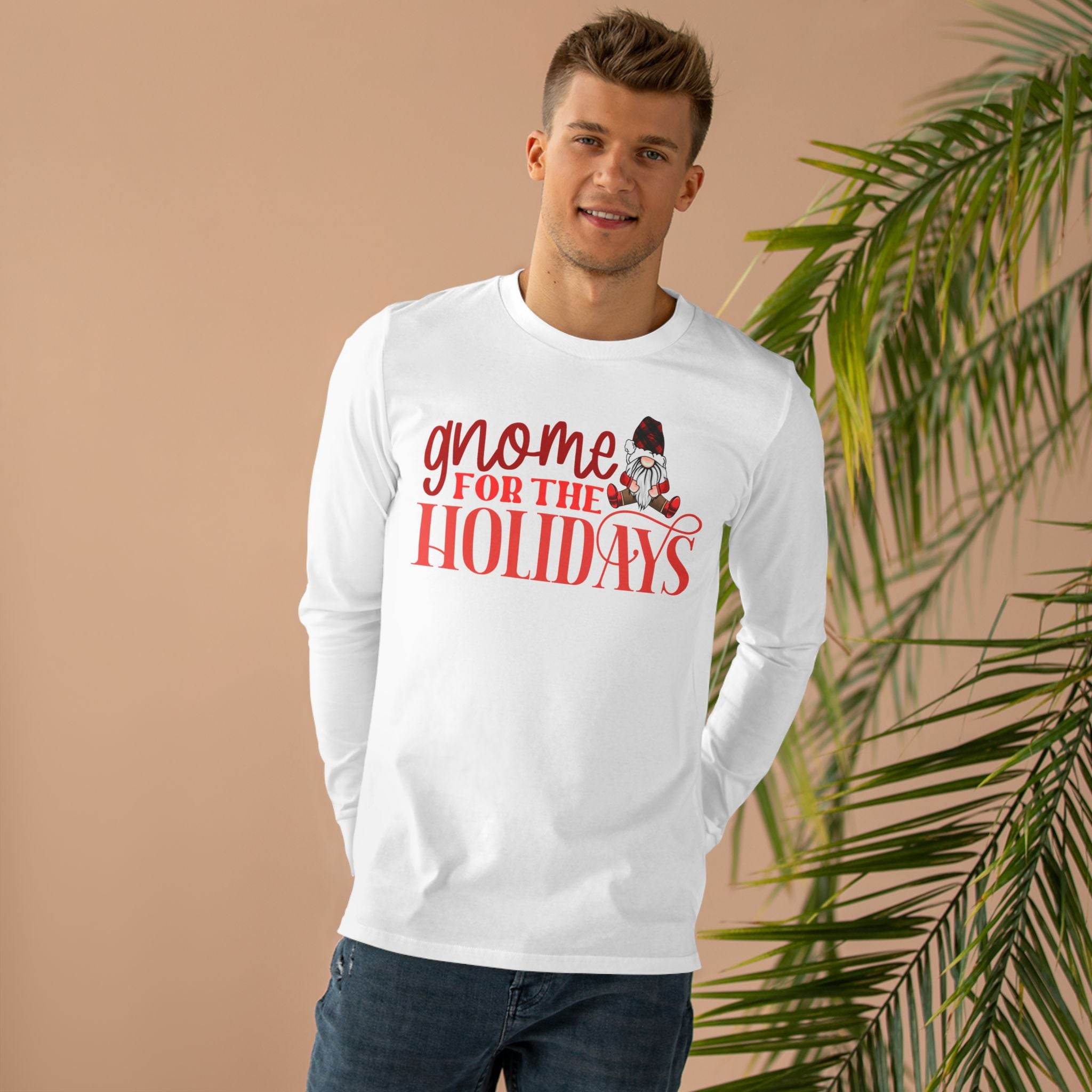 Printify white long sleeves eco-friendly holiday shirt for men with gnome for the holidays design