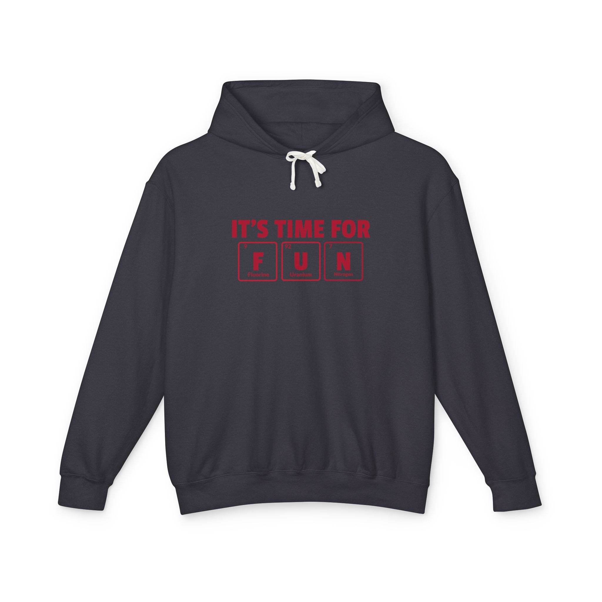 Printify black eco-friendly hooded sweatshirt with red It’s Time For Fun text and white drawstrings