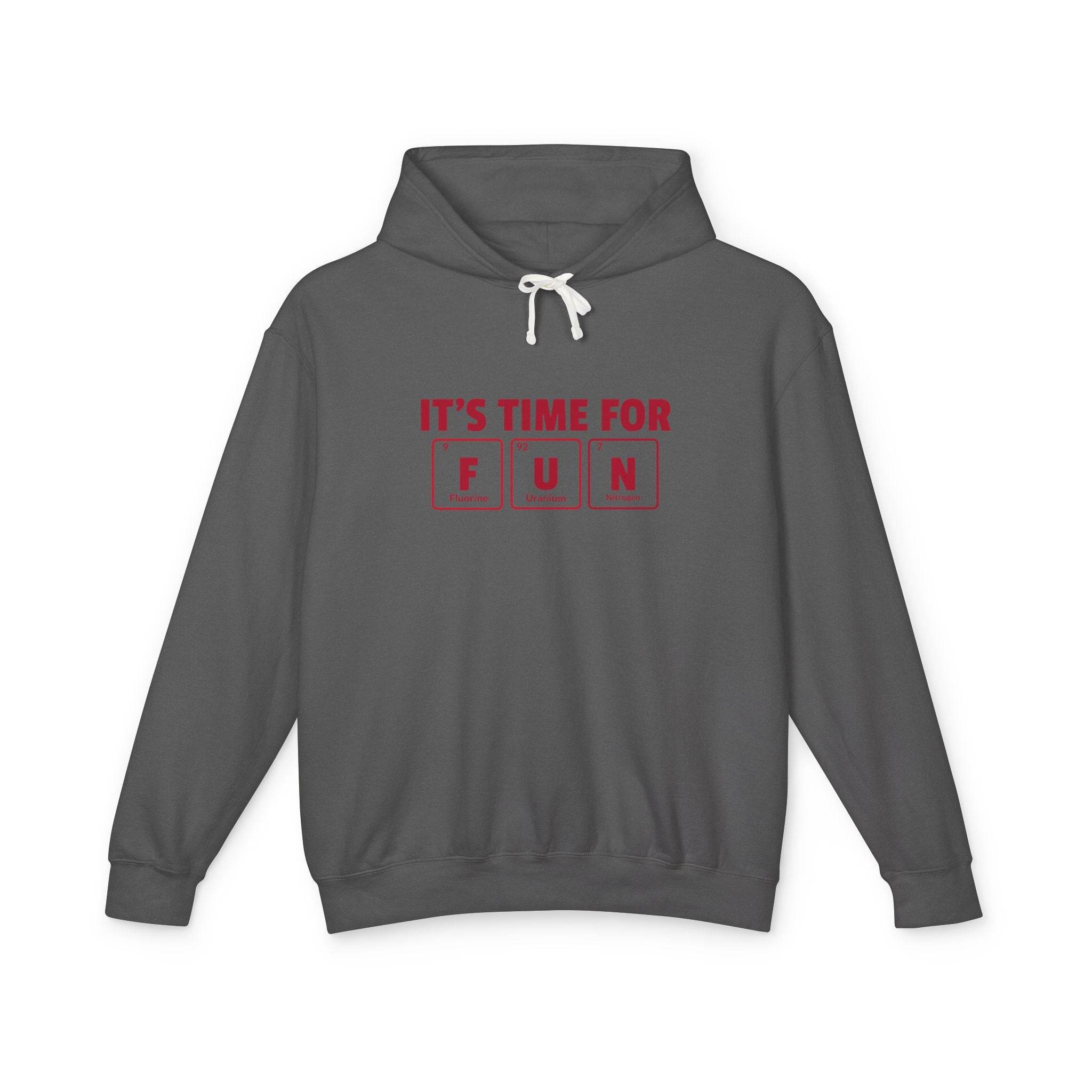 Gray eco-friendly hooded sweatshirt with fun red text print and white drawstrings from Printify