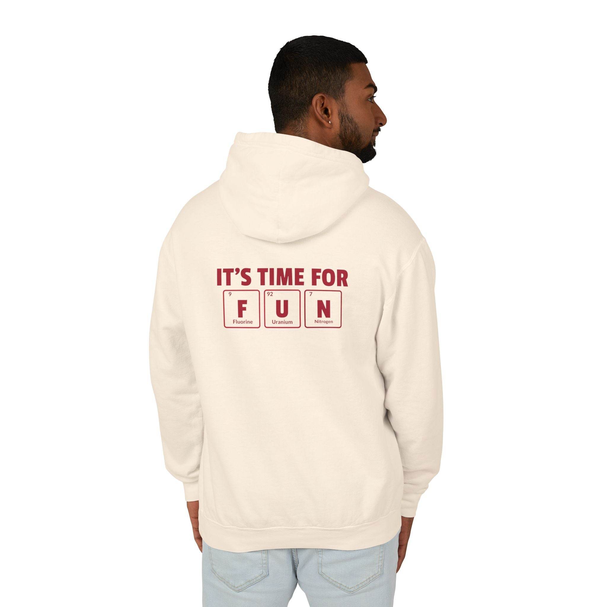 Printify eco-friendly hooded sweatshirt in cream with science-themed fun graphic on back