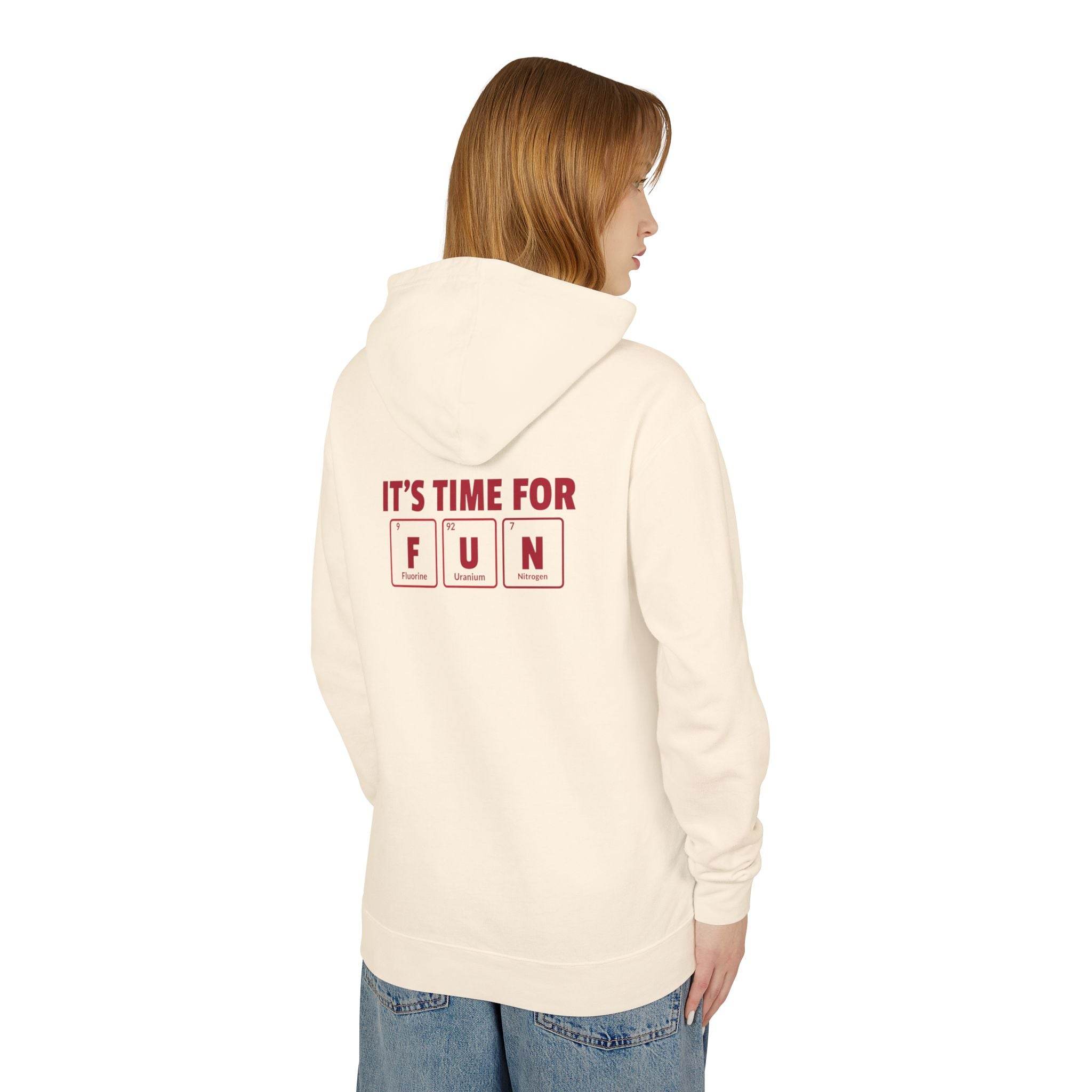 Printify eco-friendly hooded sweatshirt in cream with It’s Time For Fun graphic on back
