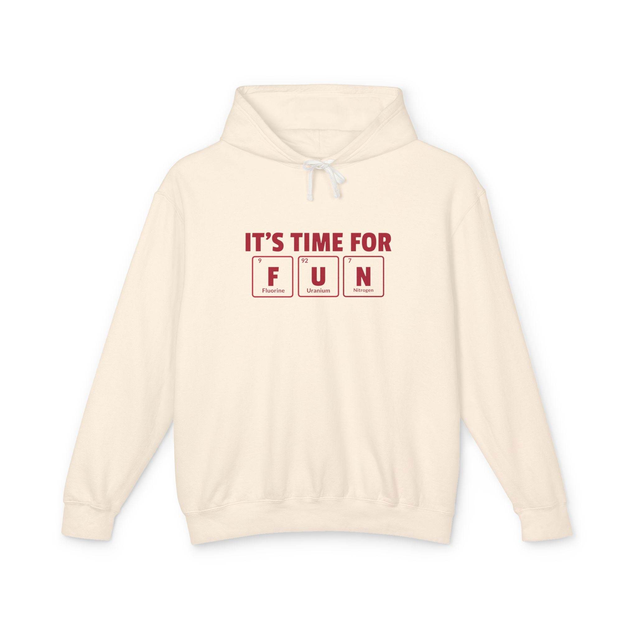 Printify eco-friendly hooded sweatshirt in cream with it's time for fun periodic table design