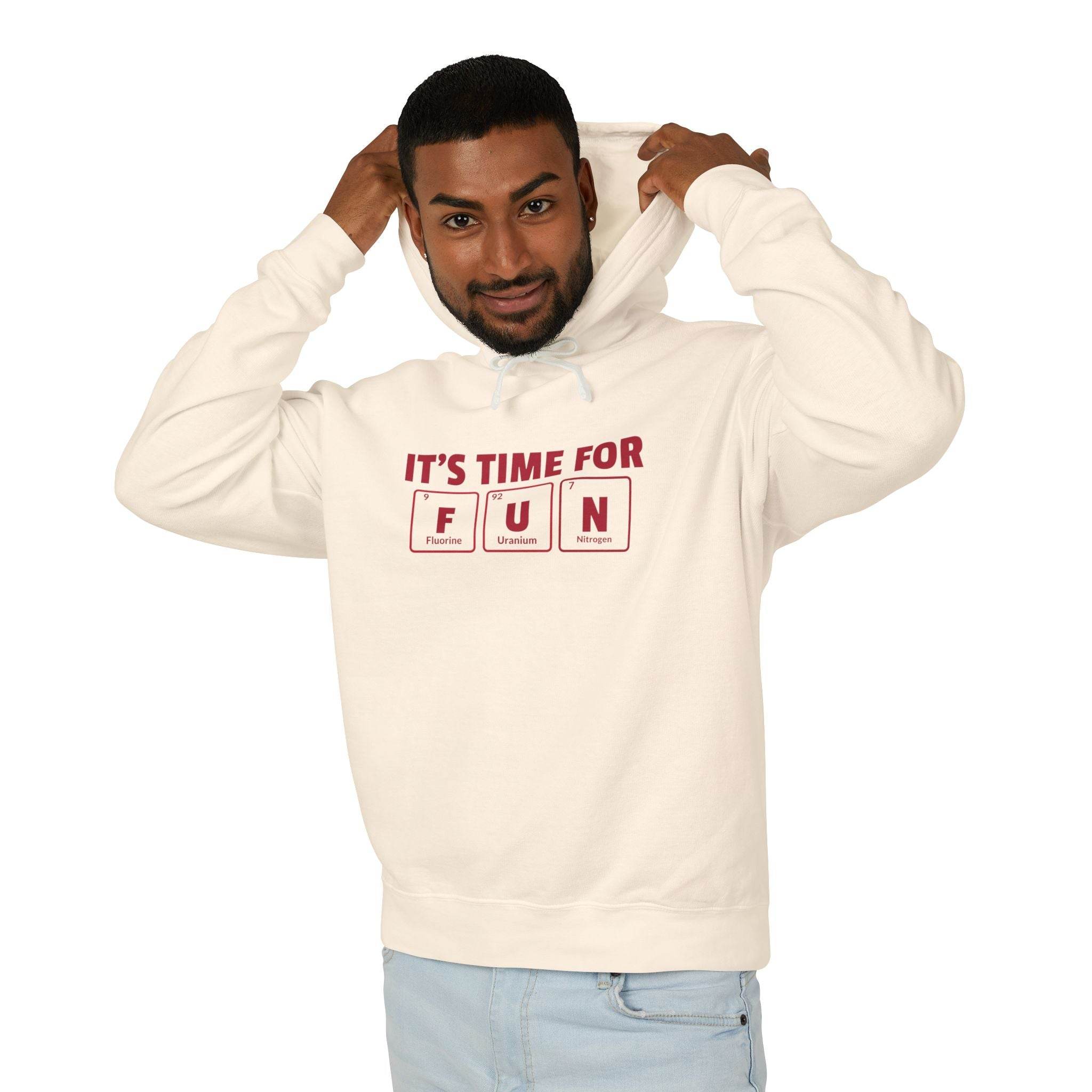 Printify eco-friendly hooded sweatshirt with It’s Time for Fun text worn by smiling man