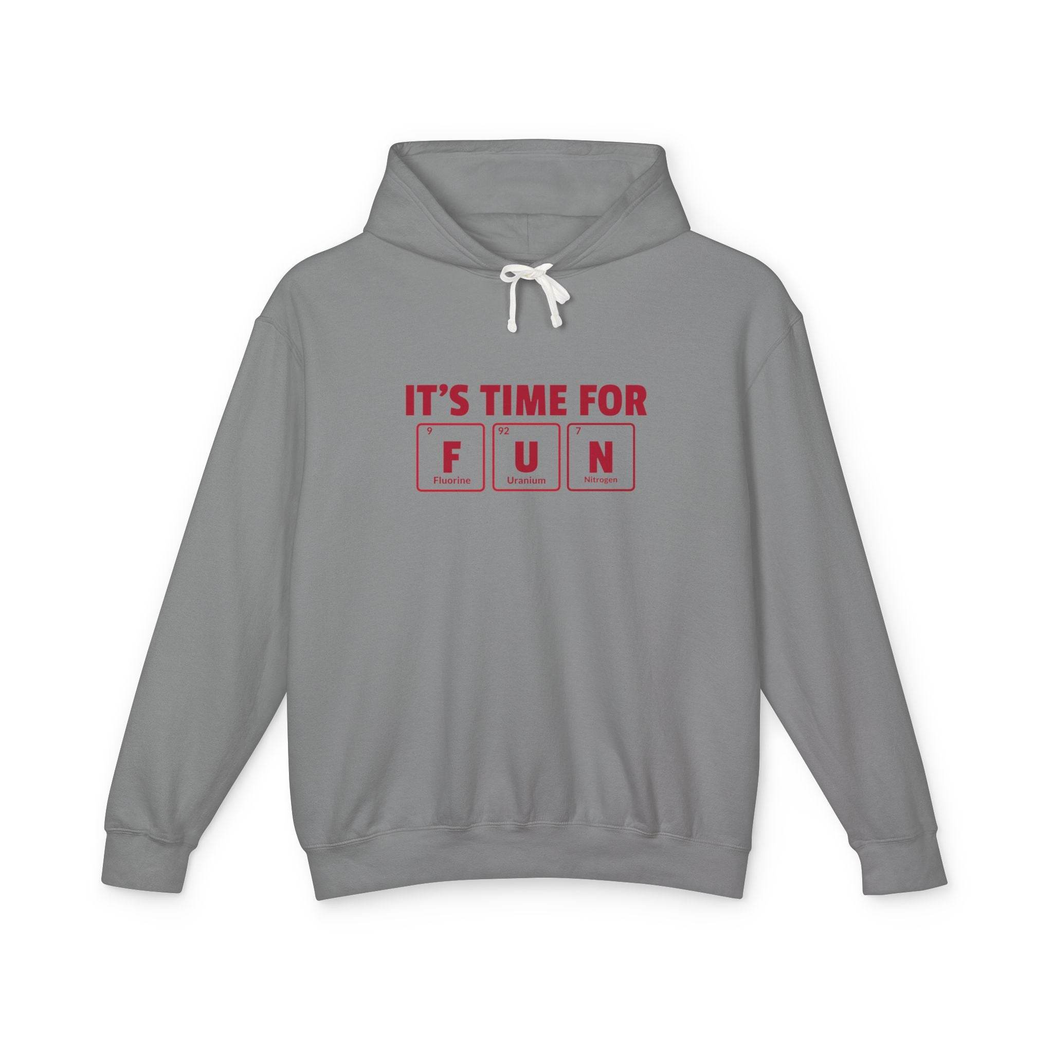 Printify eco-friendly hooded sweatshirt in gray with red fun graphic and white drawstring