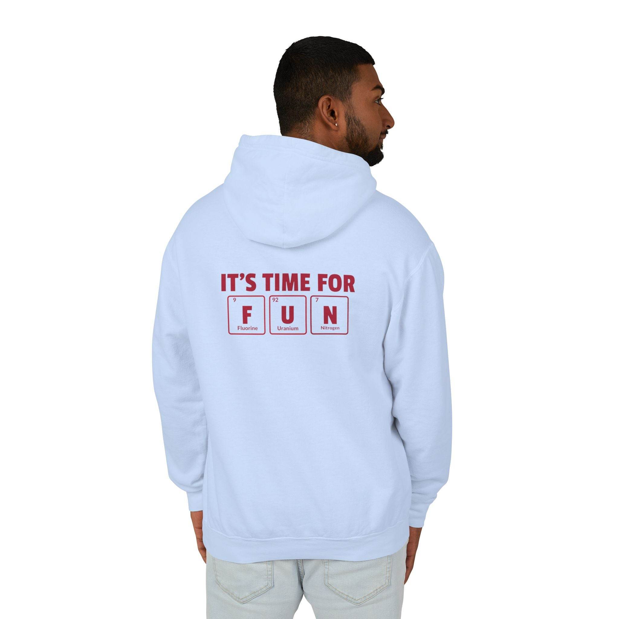 Printify eco-friendly hooded sweatshirt with It’s Time For Fun graphic worn by a man