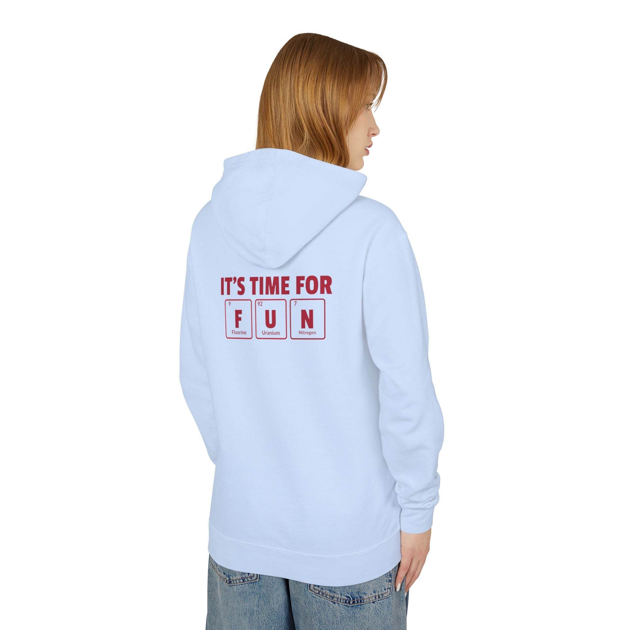 Printify eco-friendly hooded sweatshirt in light blue with playful back graphic saying It’s time for FUN