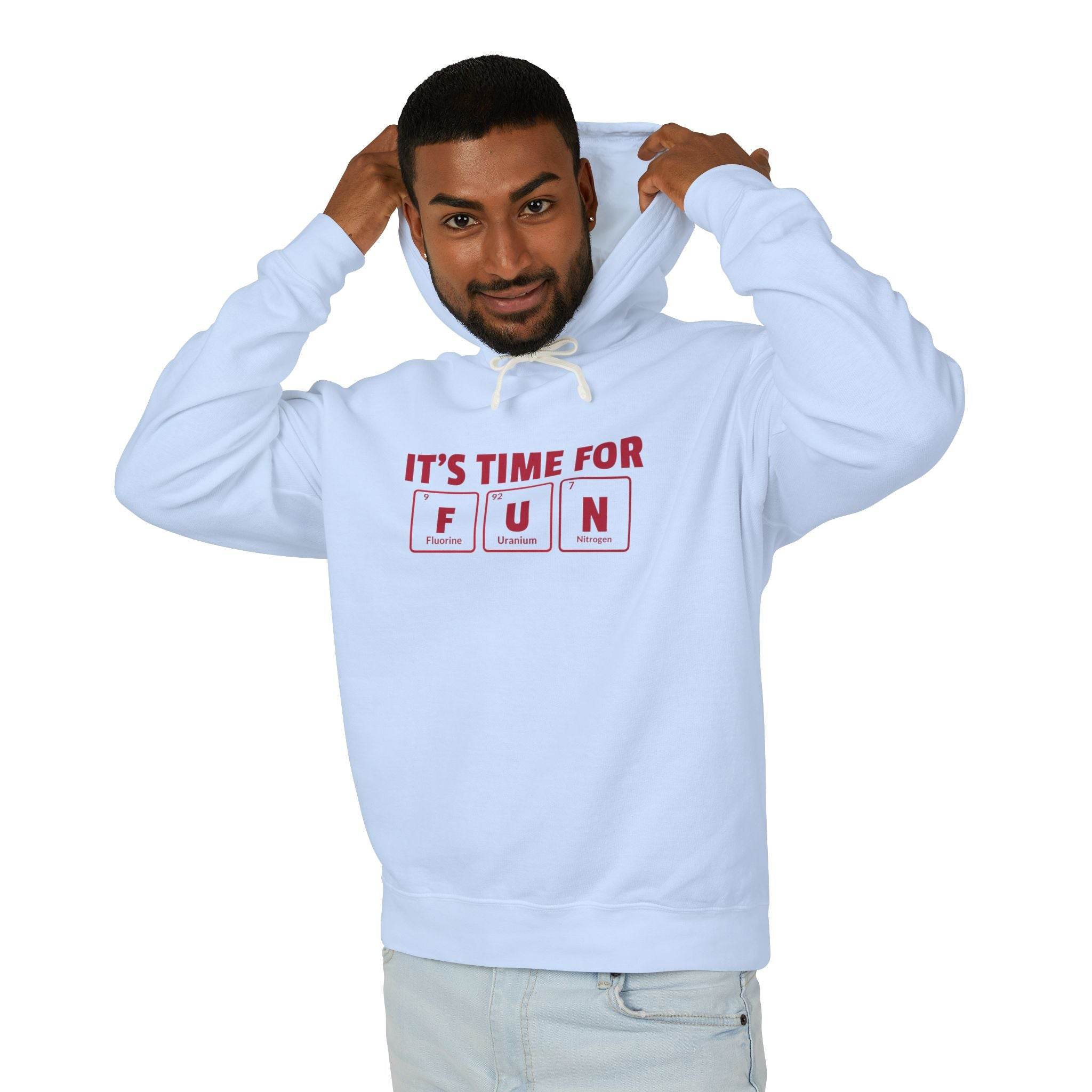 Printify eco-friendly hooded sweatshirt in light blue with fun periodic table design worn by man
