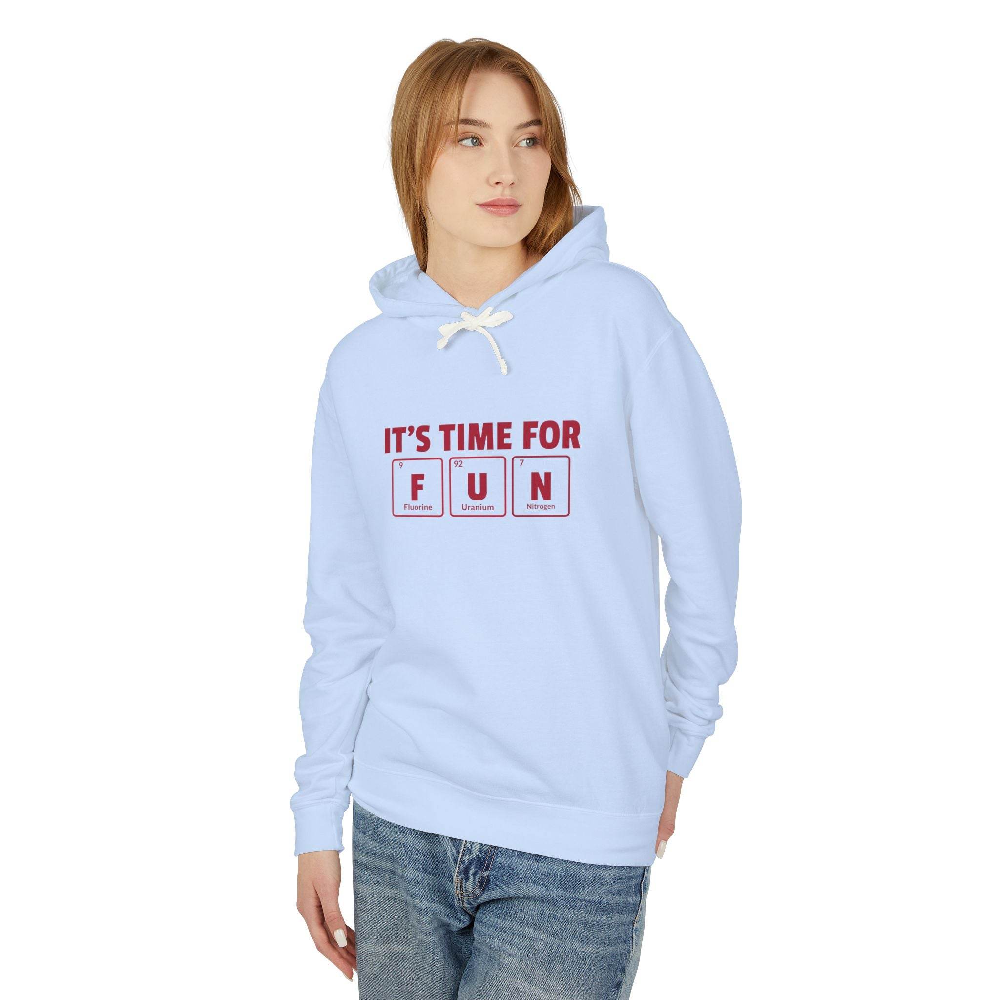 Printify eco-friendly hooded sweatshirt light blue with It’s Time for Fun periodic table design
