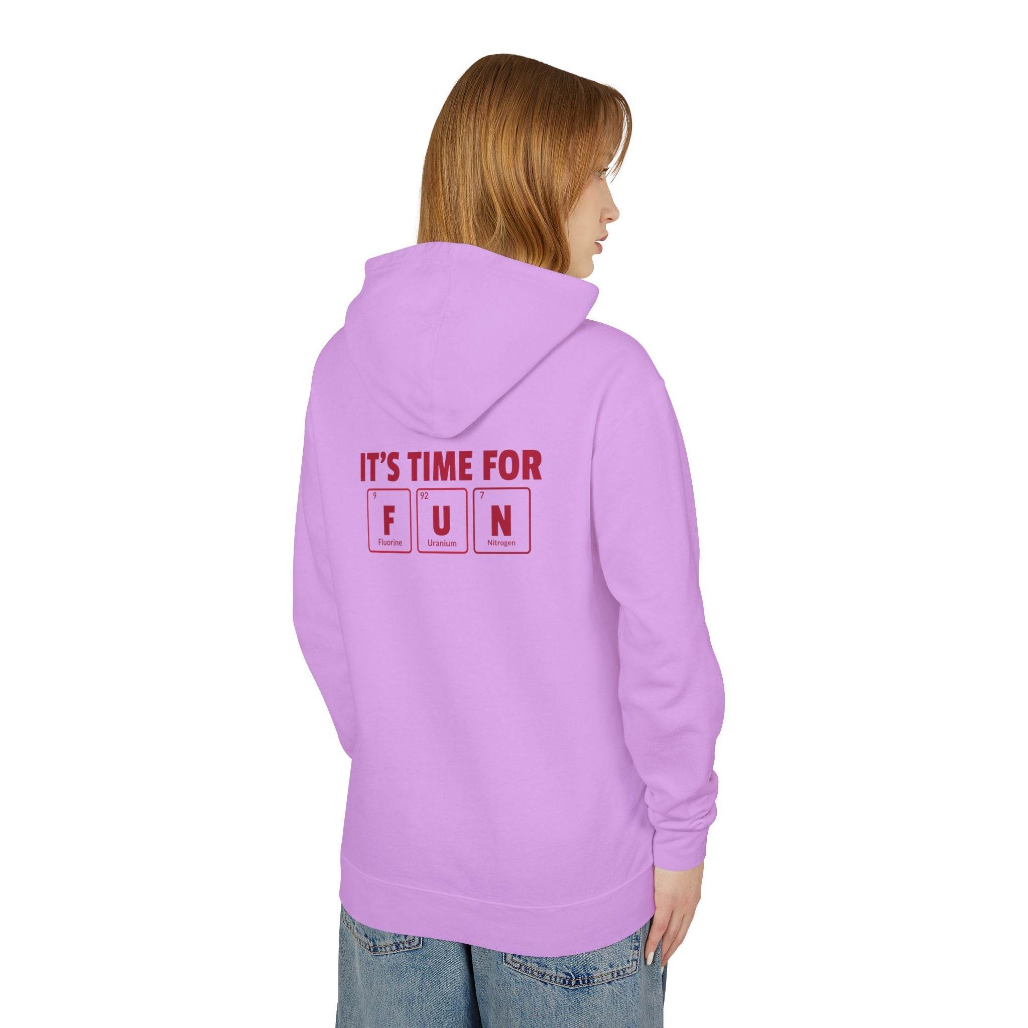 Printify eco-friendly hooded sweatshirt in lavender with fun graphic text on the back