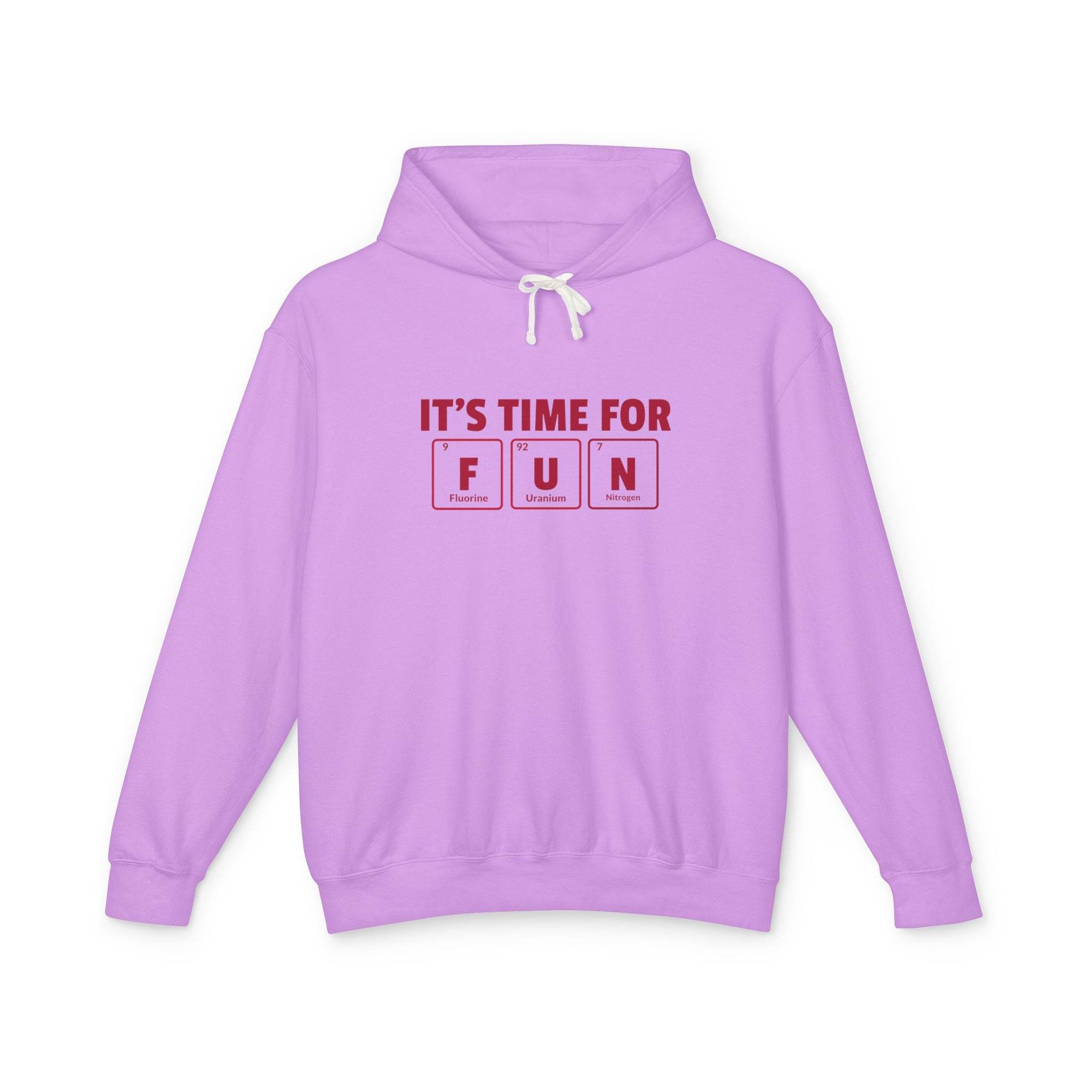 Lavender eco-friendly hooded sweatshirt from Printify with It’s Time For Fun chemical element design