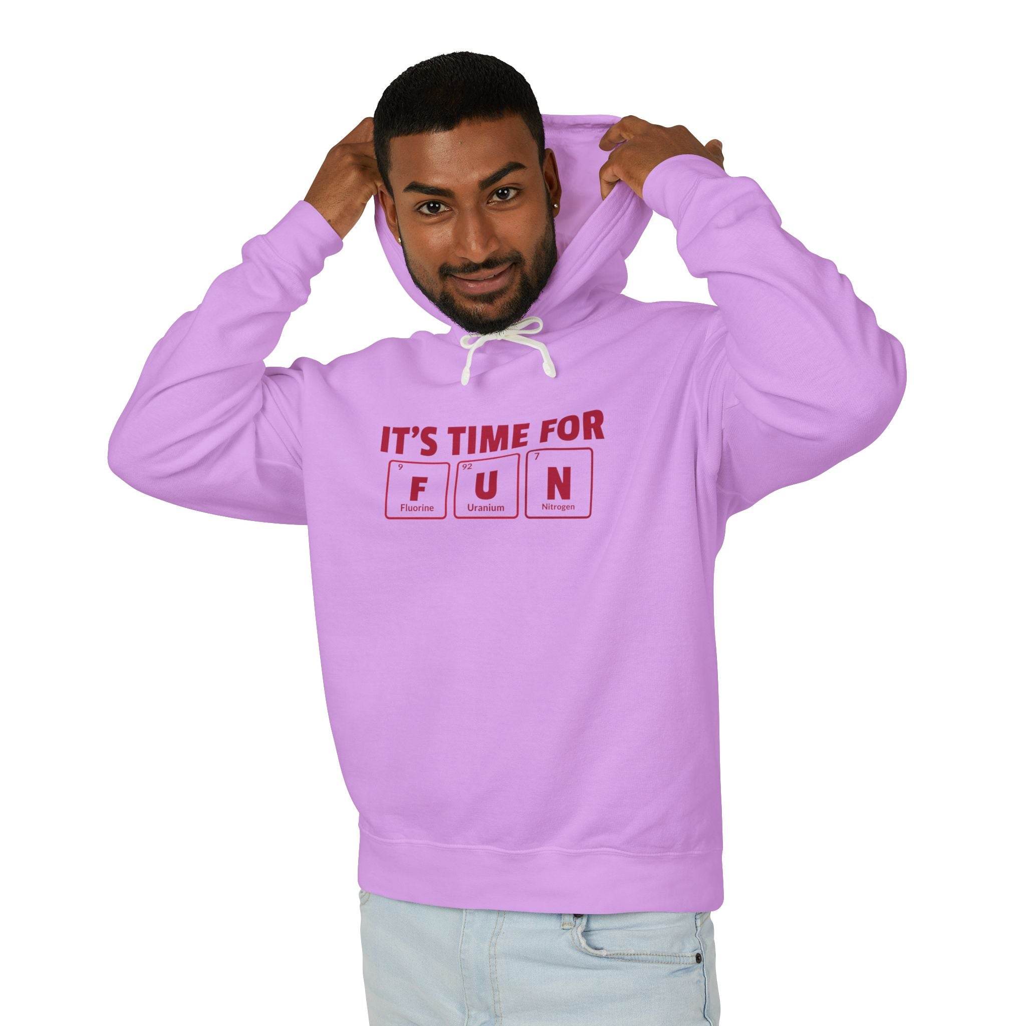 Man wearing a lavender eco-friendly hooded sweatshirt with fun chemistry design from Printify