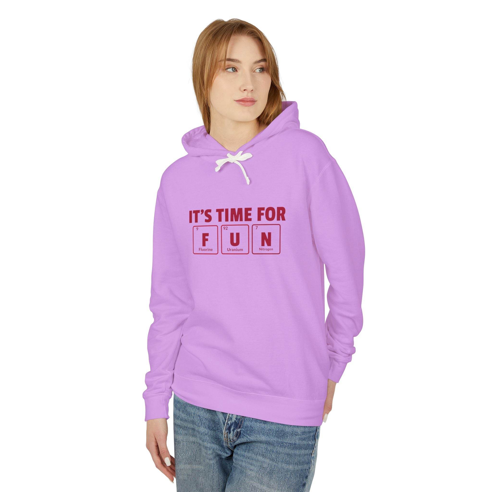 Printify eco-friendly hooded sweatshirt in lavender with fun graphic worn by woman