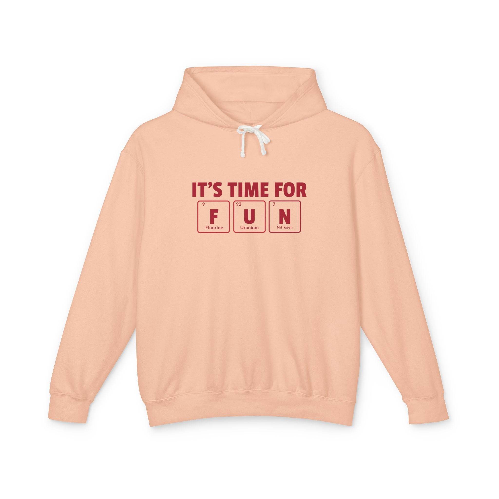 Printify eco-friendly hooded sweatshirt in peach with fun periodic table graphic and drawstring hood