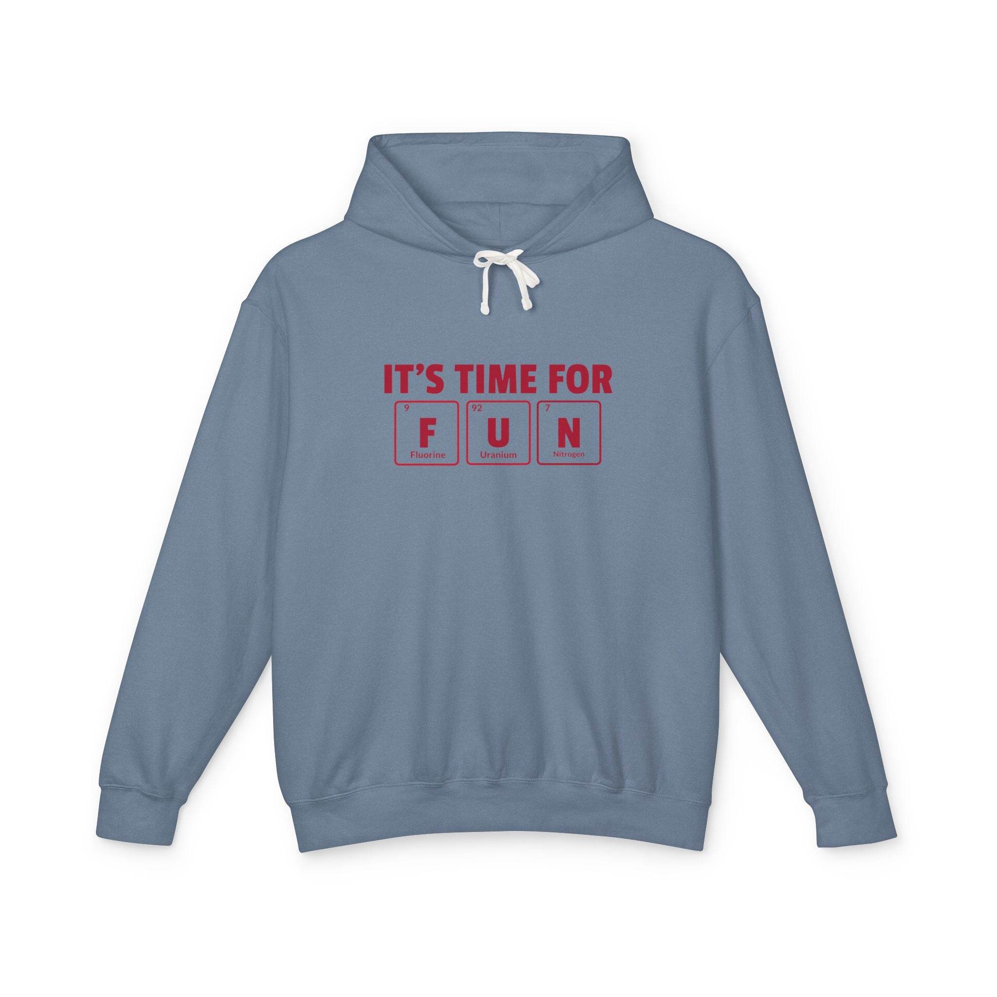 Printify eco-friendly hooded sweatshirt in blue with fun slogan graphic and white drawstrings