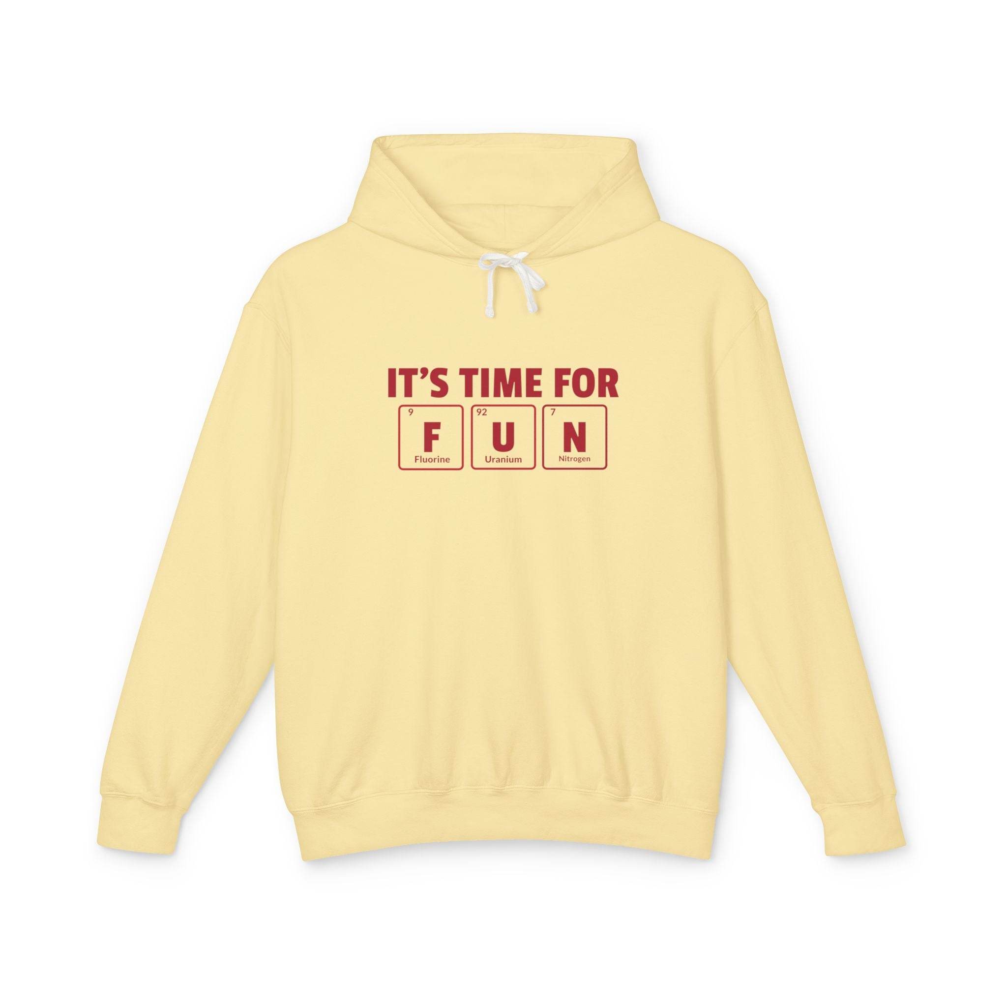 Printify yellow eco-friendly hooded sweatshirt with IT'S TIME FOR FUN periodic table design
