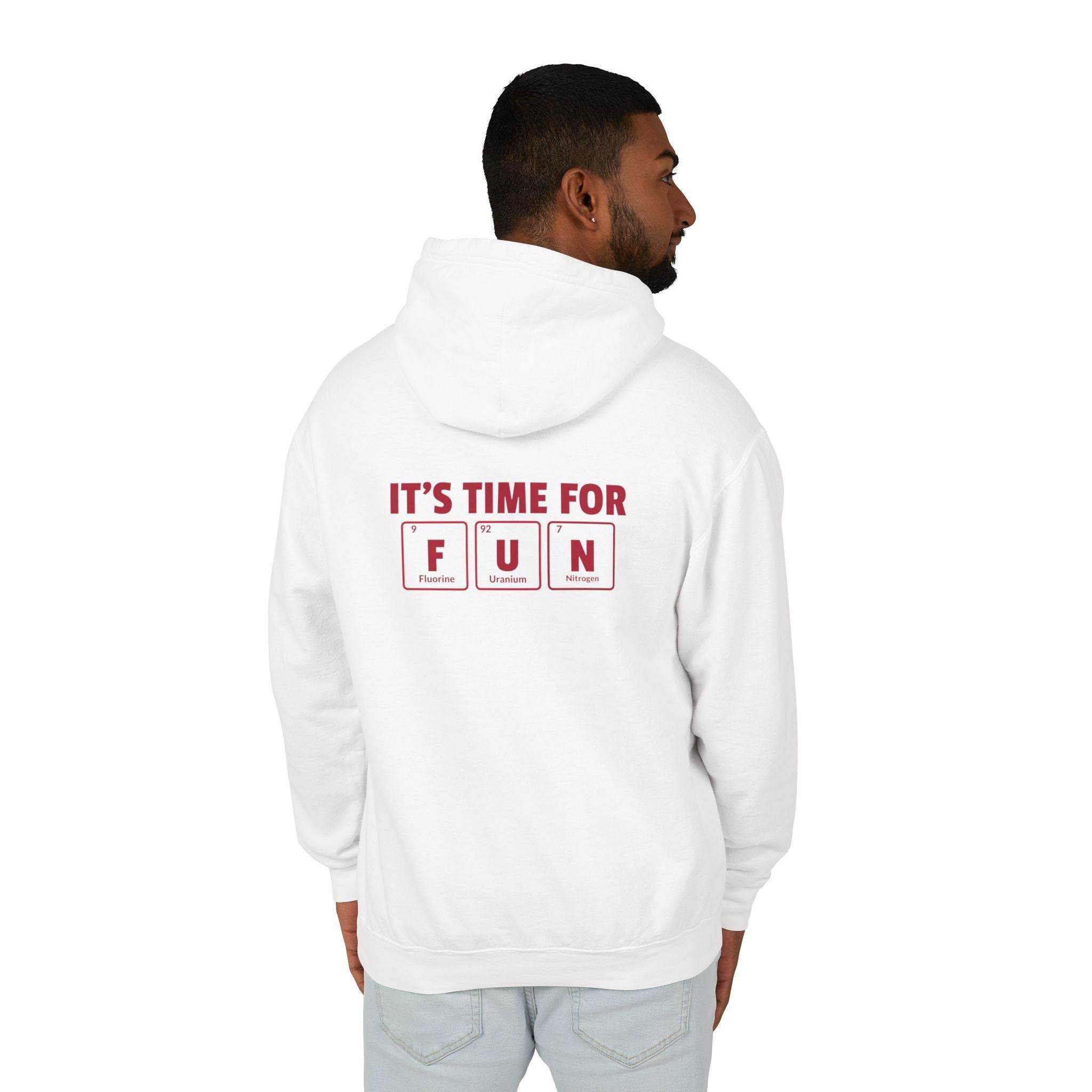 White eco-friendly hooded sweatshirt with fun periodic table design on back by Printify