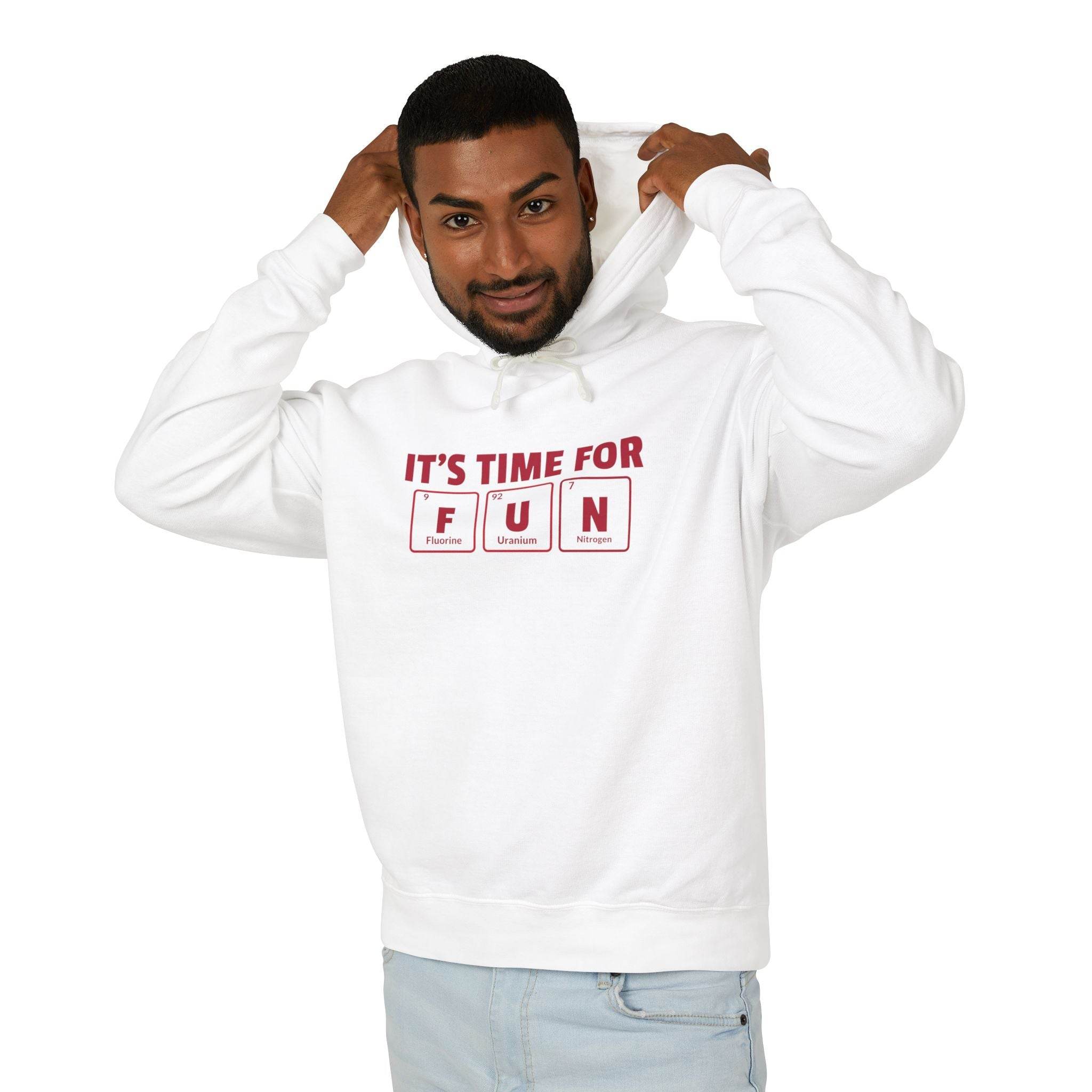 Printify white eco-friendly hooded sweatshirt with fun periodic table design worn by man