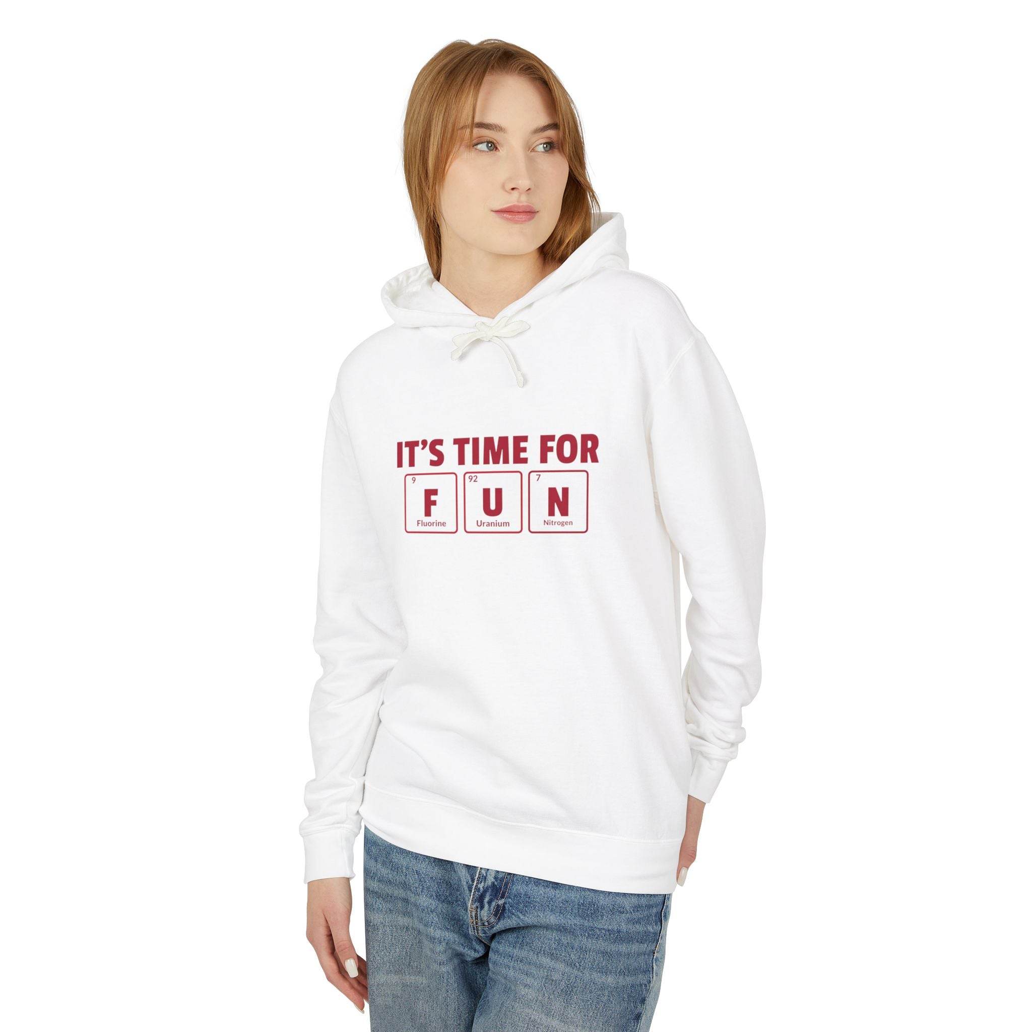 Printify eco-friendly hooded sweatshirt in white with fun graphic worn by woman in blue jeans