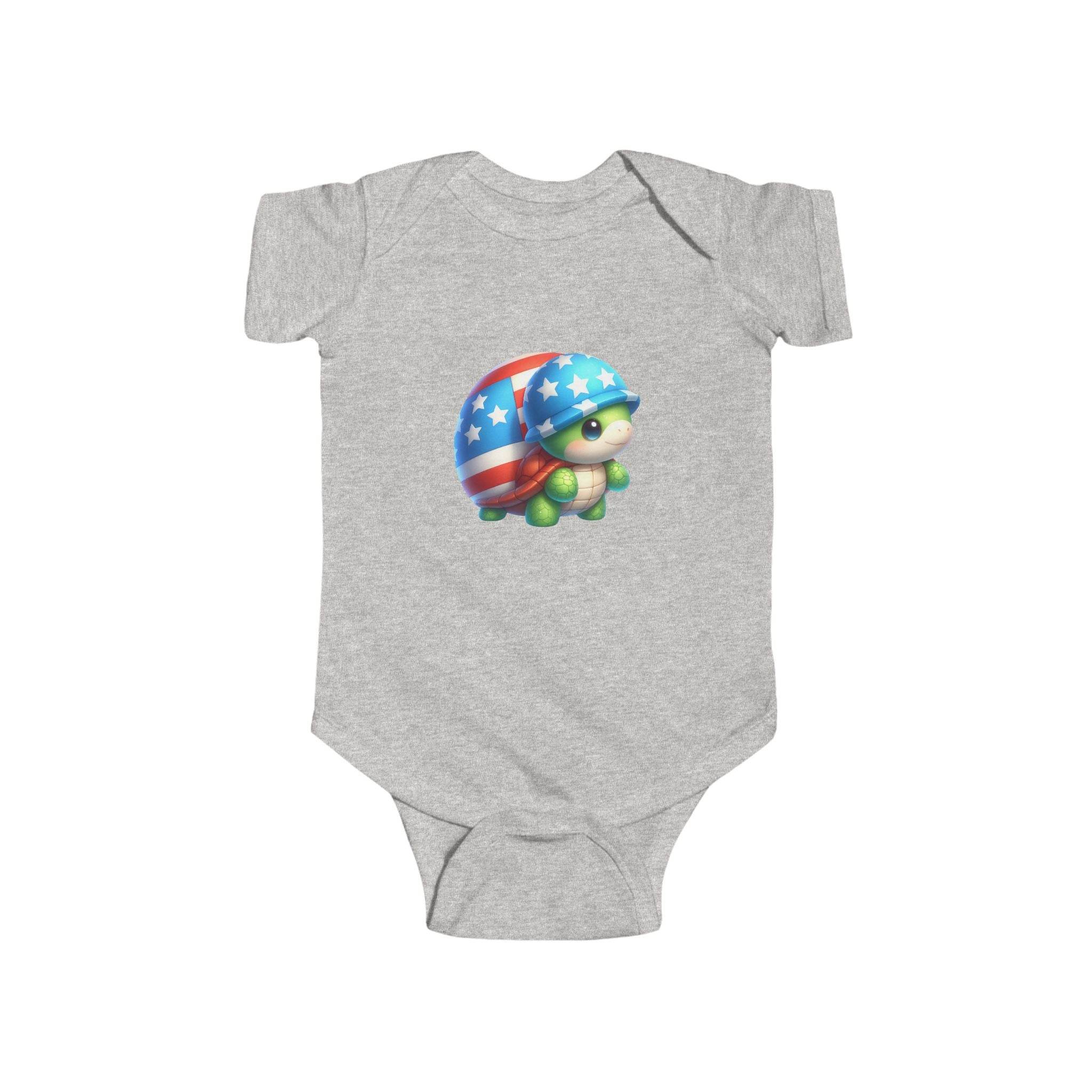 Printify gray eco-friendly infant bodysuit with cute turtle wearing American flag helmet design
