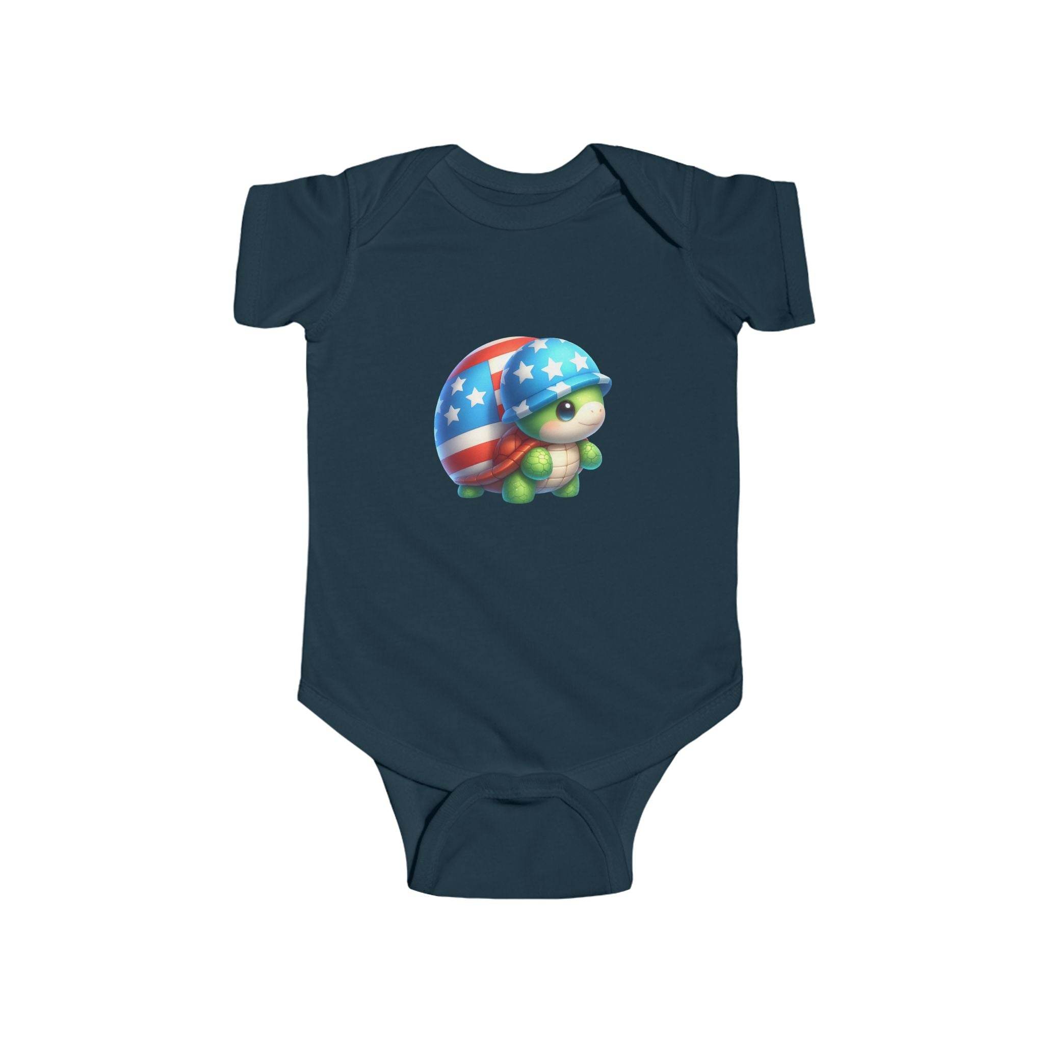 Printify navy eco-friendly infant bodysuit with cute turtle wearing American flag helmet