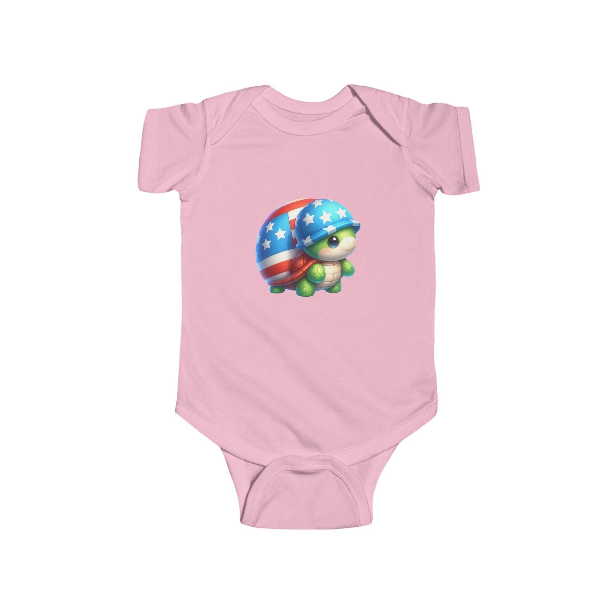 Pink eco-friendly infant bodysuit with cute turtle wearing American flag helmet graphic