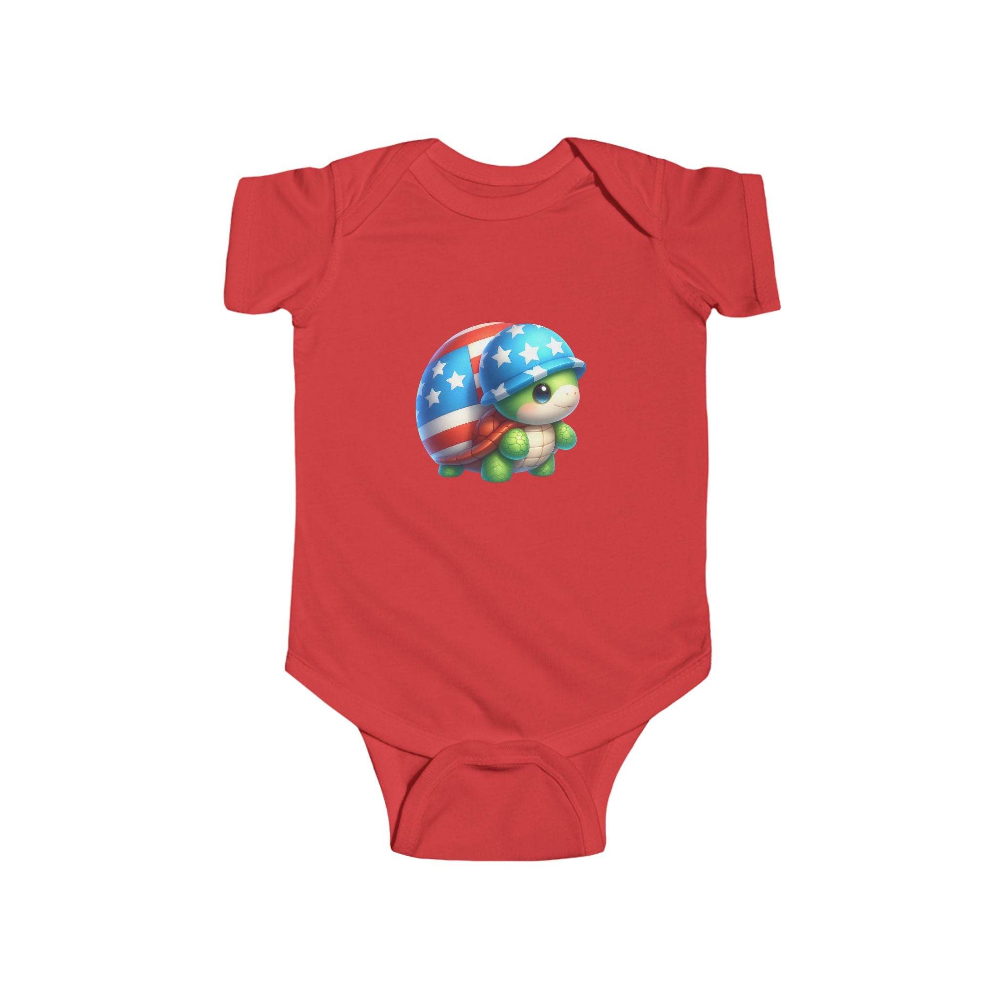 Red baby bodysuit with turtle wearing American flag helmet print eco-friendly infant bodysuit by Printify