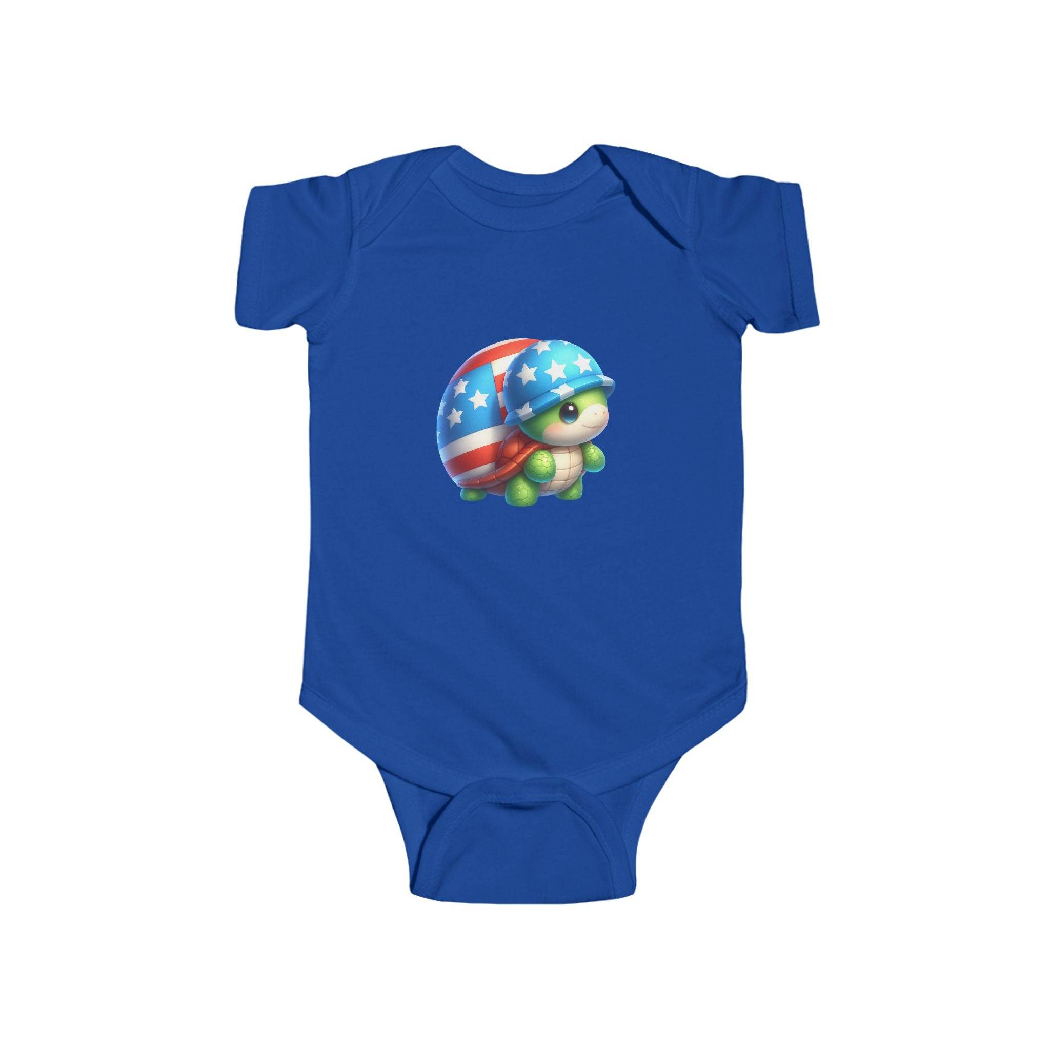 Printify blue eco-friendly infant bodysuit with cute patriotic turtle graphic