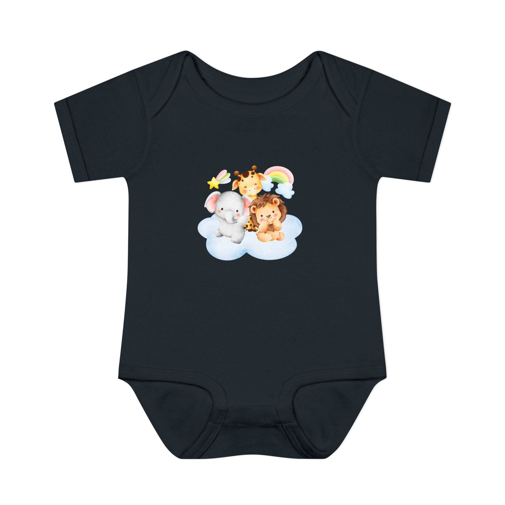 Black baby onesie with cute animal print featuring elephant giraffe and lion on cloud eco-friendly infant clothing