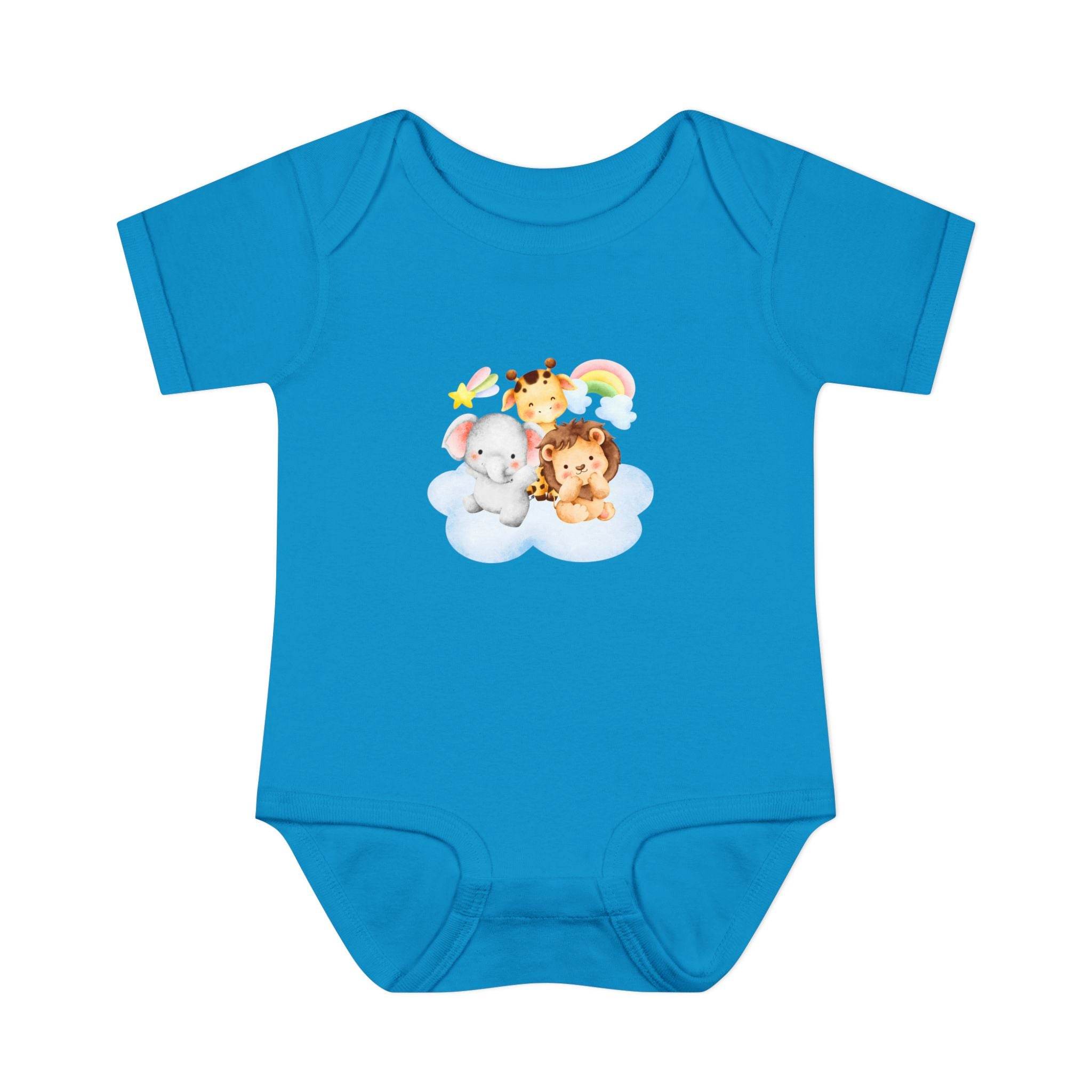 Blue baby onesie with cute animal print made of eco-friendly infant clothing by Printify