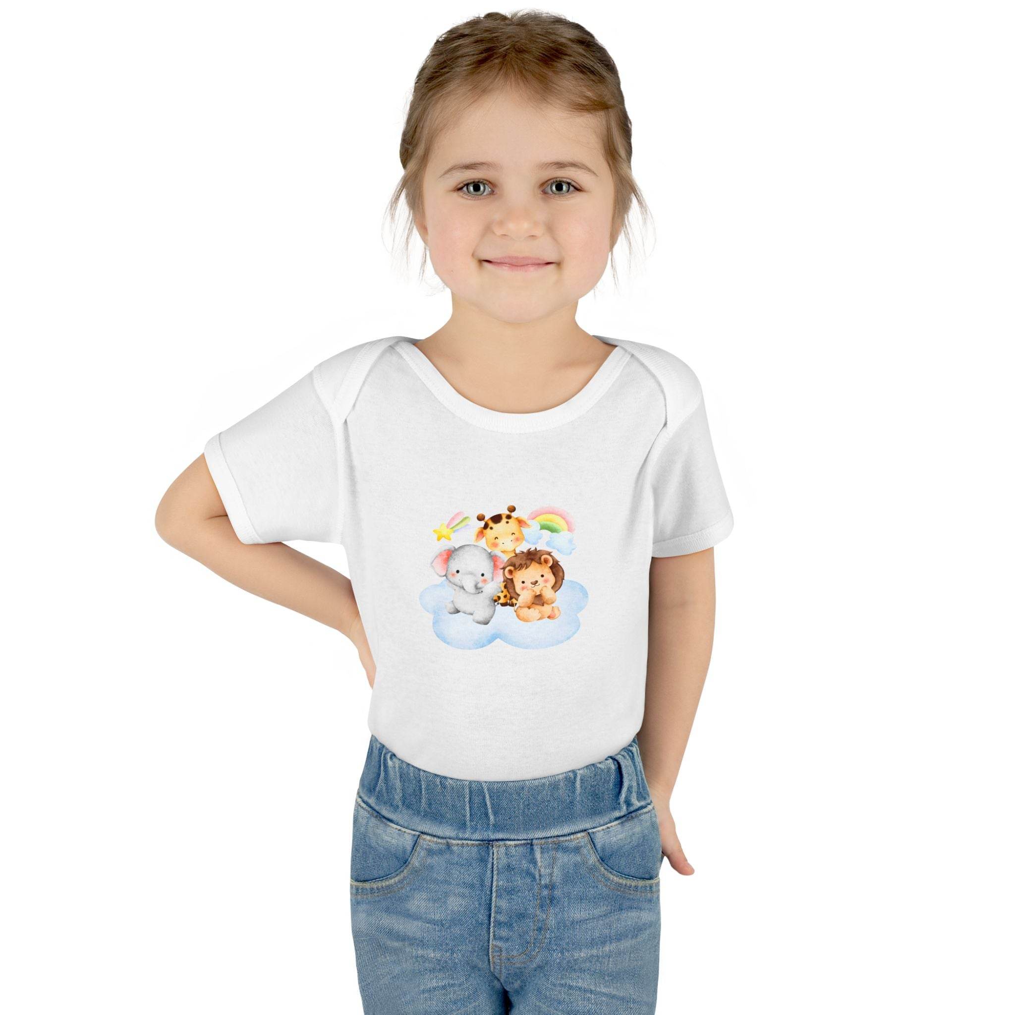 Toddler wearing Printify white eco-friendly infant clothing with cute animal print on front