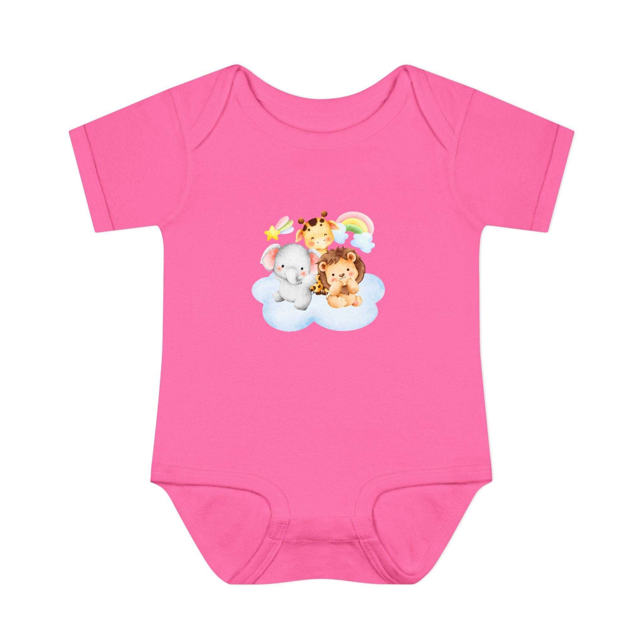 Pink baby onesie with cute animal cloud design made from eco-friendly infant clothing by Printify