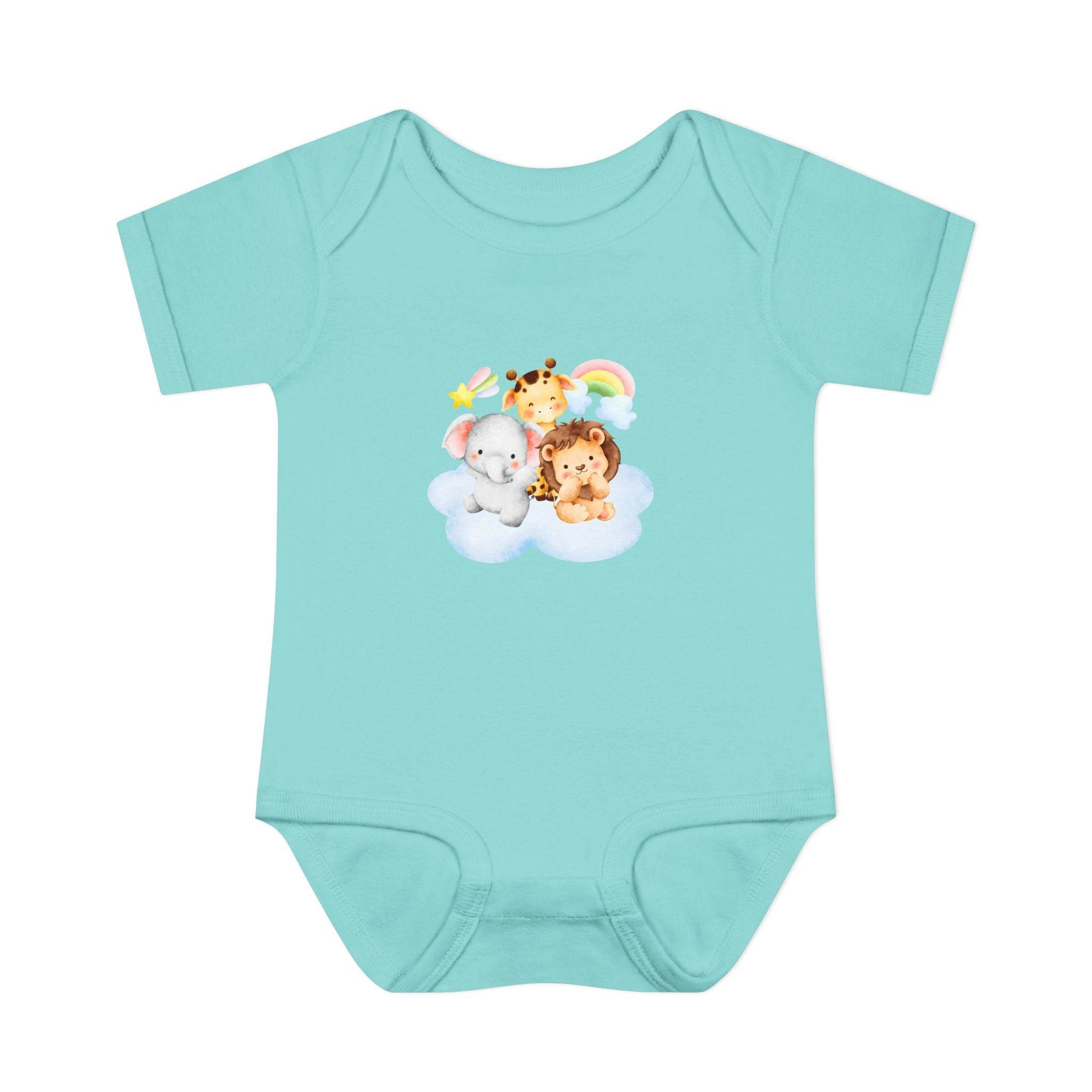 Printify eco-friendly infant clothing blue onesie with cute cartoon animals on clouds
