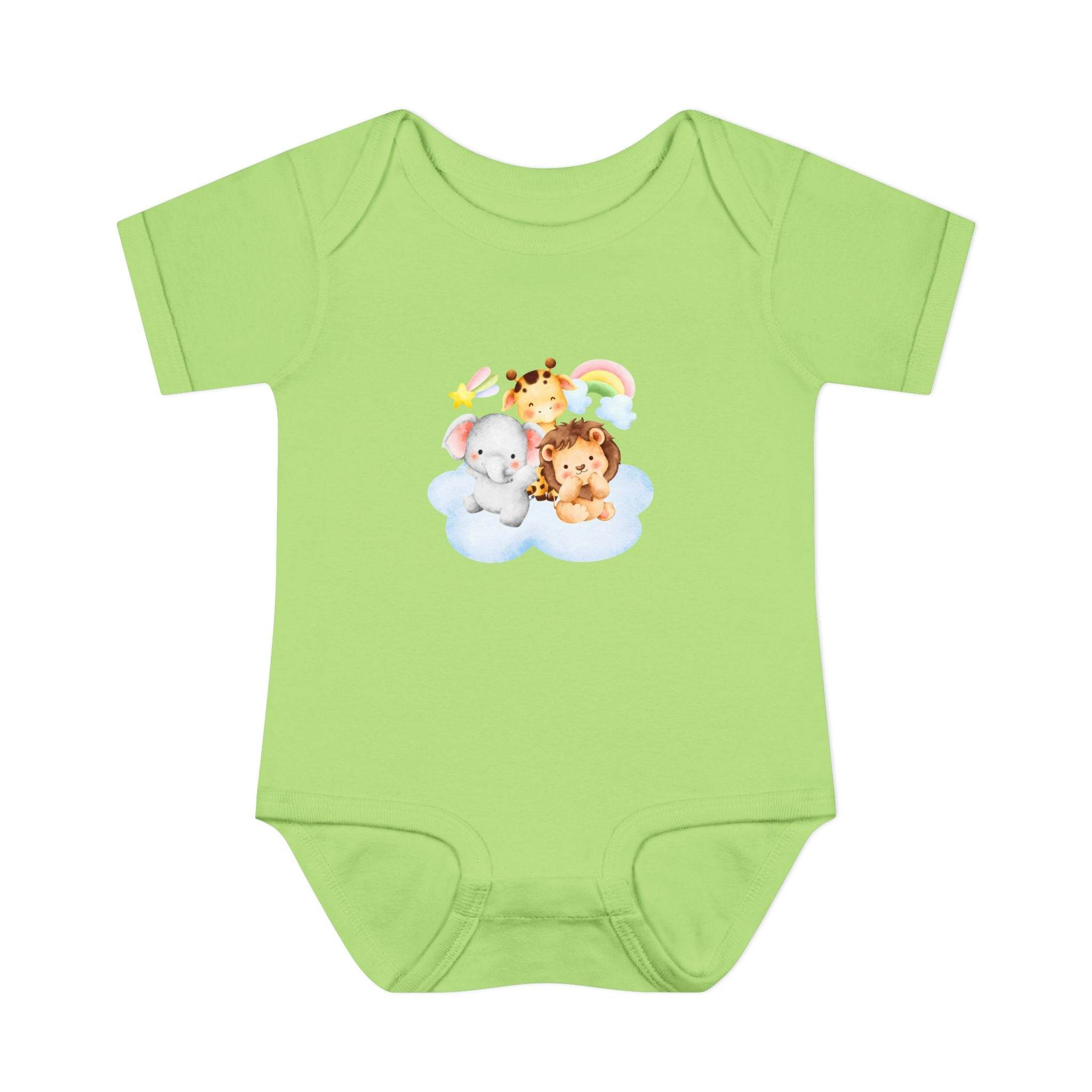 Printify green baby onesie with cute animal print featuring elephant giraffe and lion eco-friendly infant clothing