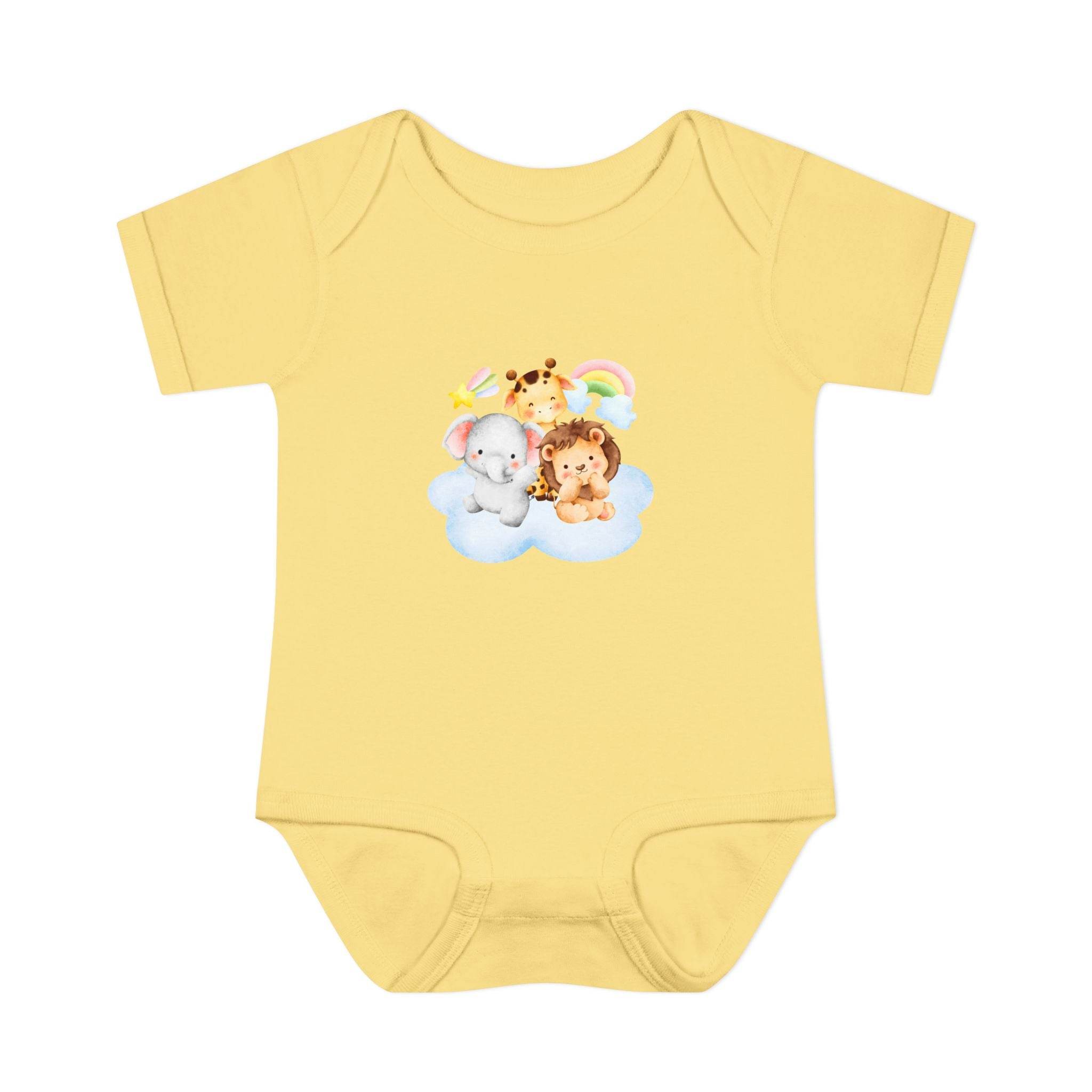 Printify yellow baby onesie with cute animal design made from eco-friendly infant clothing material
