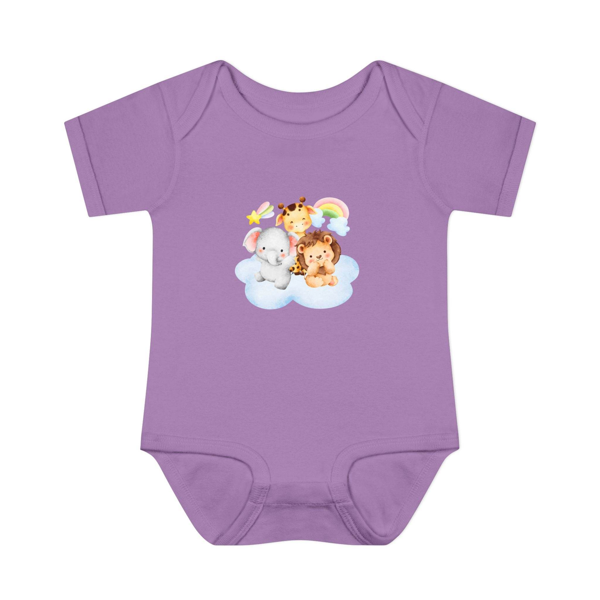 Purple baby onesie with cute animal print featuring elephant, giraffe, and lion on cloud eco-friendly infant clothing
