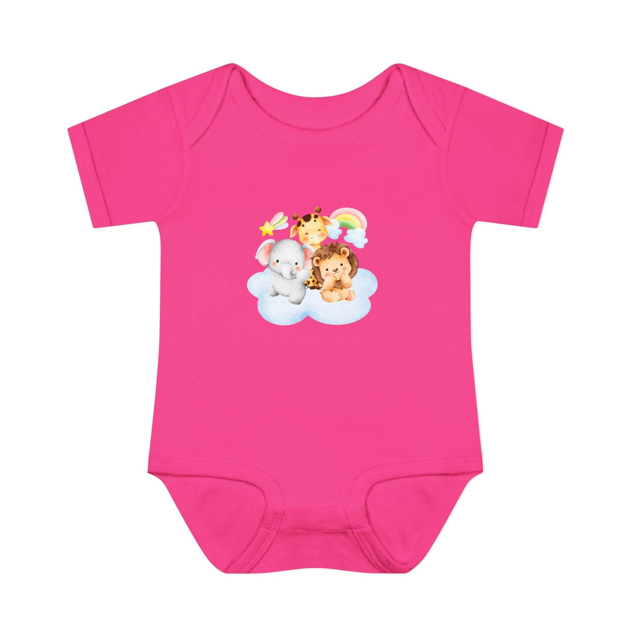 Pink baby onesie featuring cute animal design made with eco-friendly infant clothing by Printify